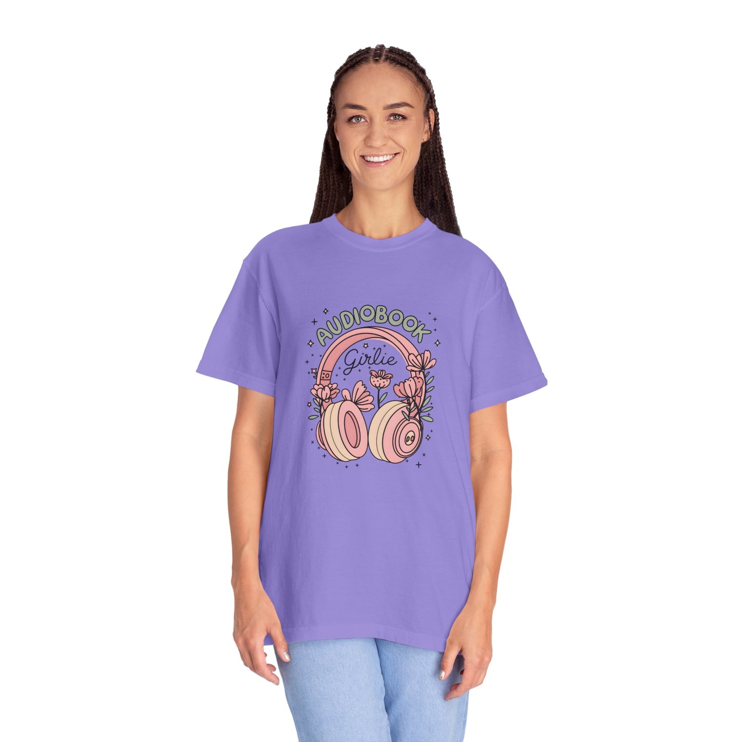 "Audiobook Girlie" T-Shirt — Floral Headphones Graphic Tee