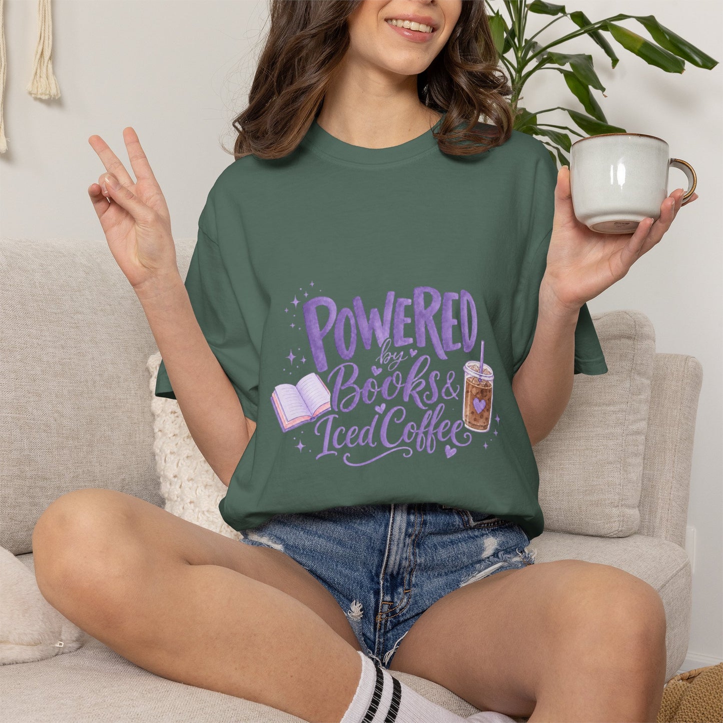 Book Lover T‑Shirt — "Powered by Books & Iced Coffee" Graphic Tee
