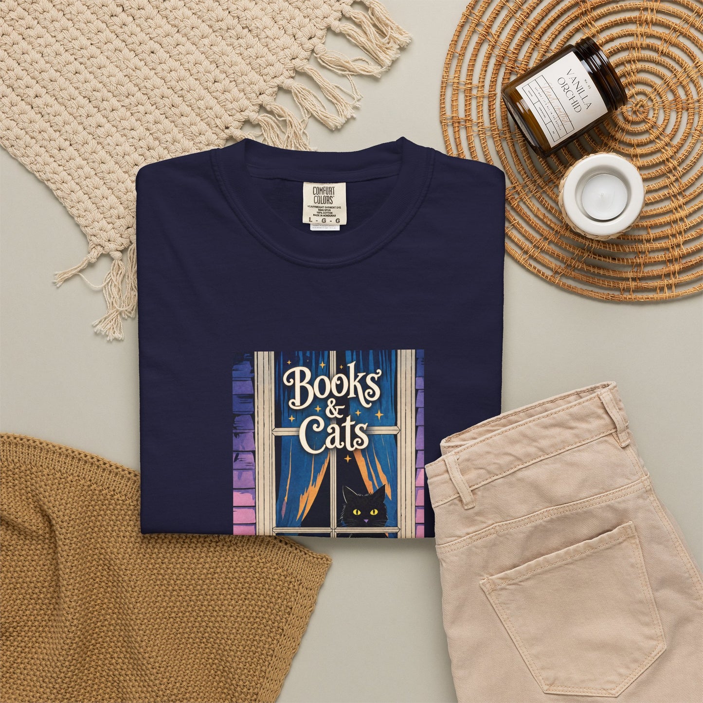 "Books & Cats" T-Shirt — Cozy Bookshop Window Graphic Tee