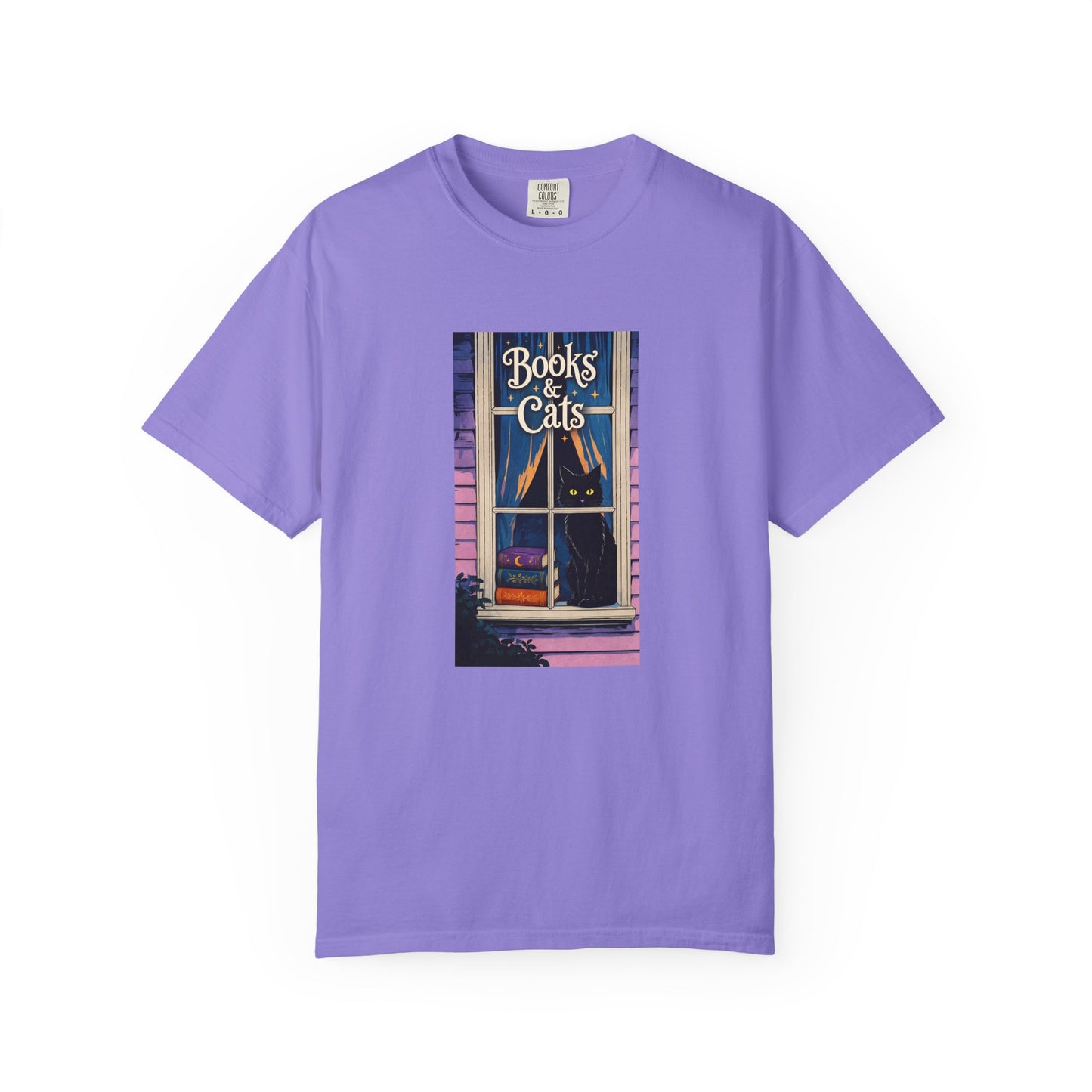 "Books & Cats" T-Shirt — Cozy Bookshop Window Graphic Tee