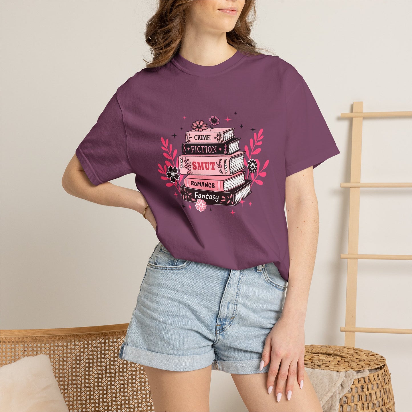 Book Stack Graphic T-Shirt — Cute Floral Reading Shirt (Crime, Fiction, Smut, Romance)