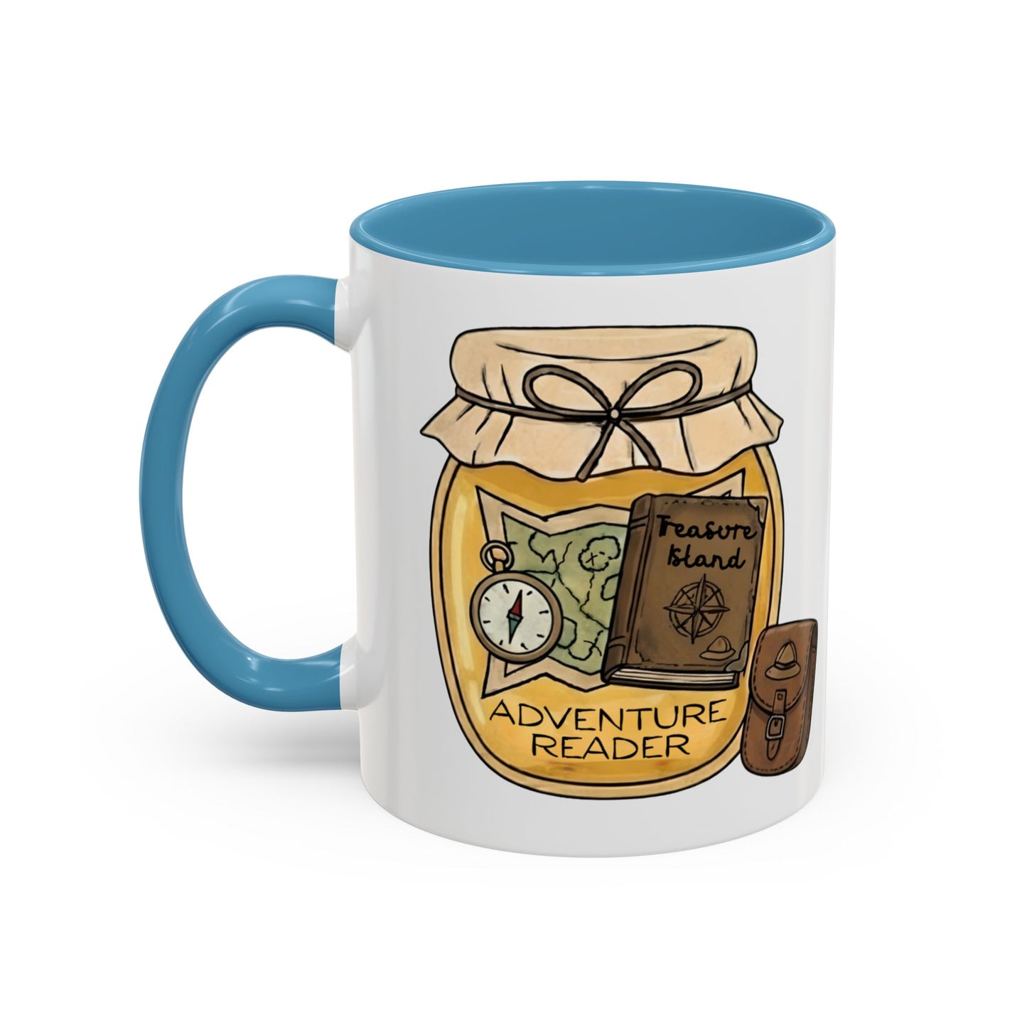 "Adventure Reader" Accent Coffee Mug — Bookish Travel Compass & Treasure Jam Jar Design