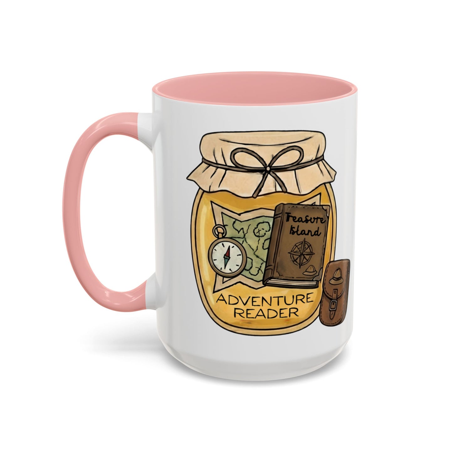 "Adventure Reader" Accent Coffee Mug — Bookish Travel Compass & Treasure Jam Jar Design