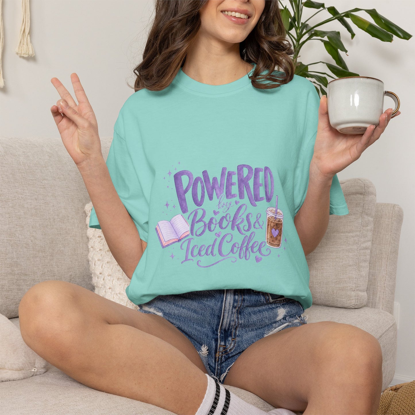 Book Lover T‑Shirt — "Powered by Books & Iced Coffee" Graphic Tee