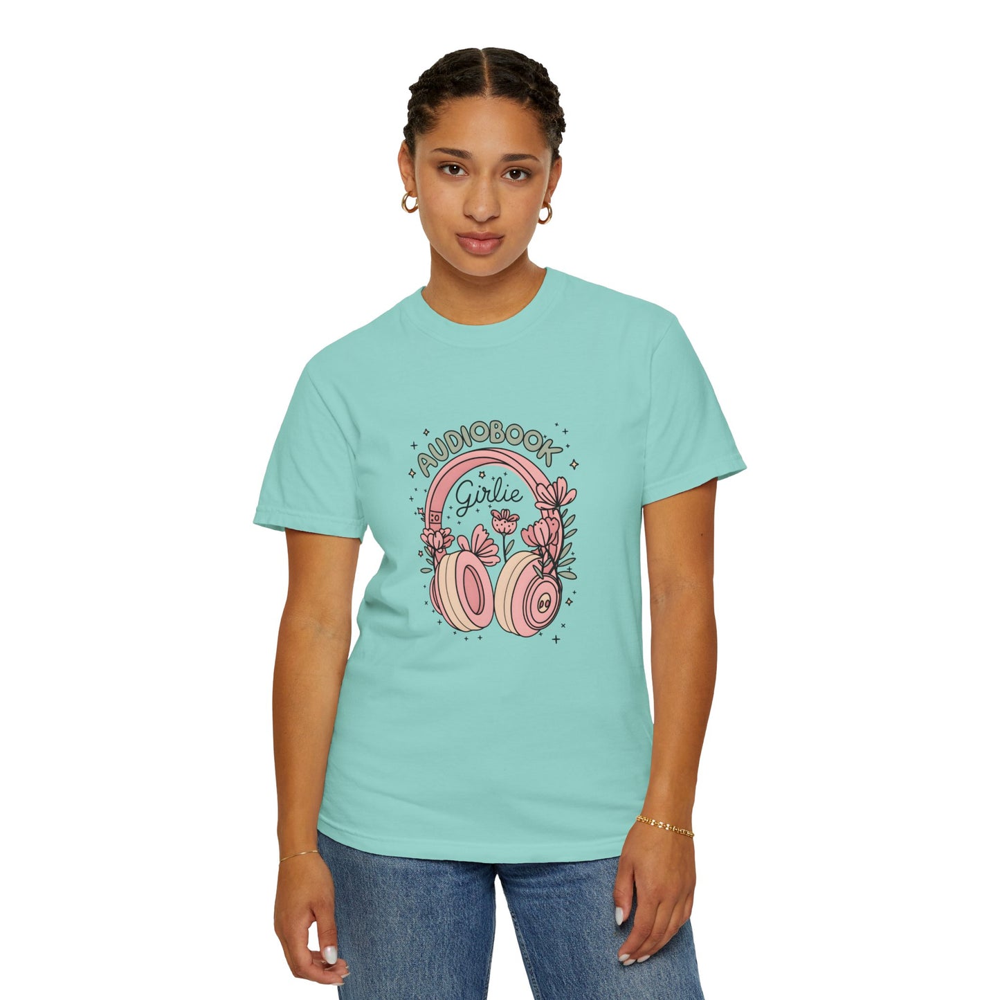 "Audiobook Girlie" T-Shirt — Floral Headphones Graphic Tee