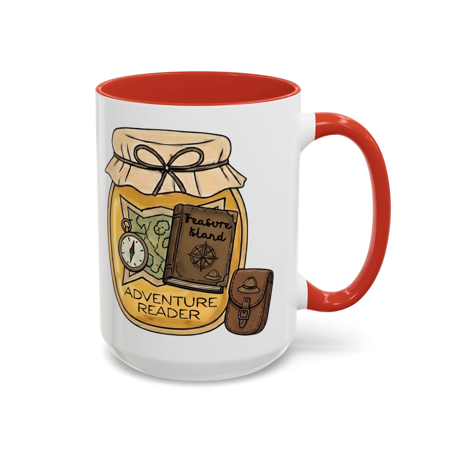 "Adventure Reader" Accent Coffee Mug — Bookish Travel Compass & Treasure Jam Jar Design