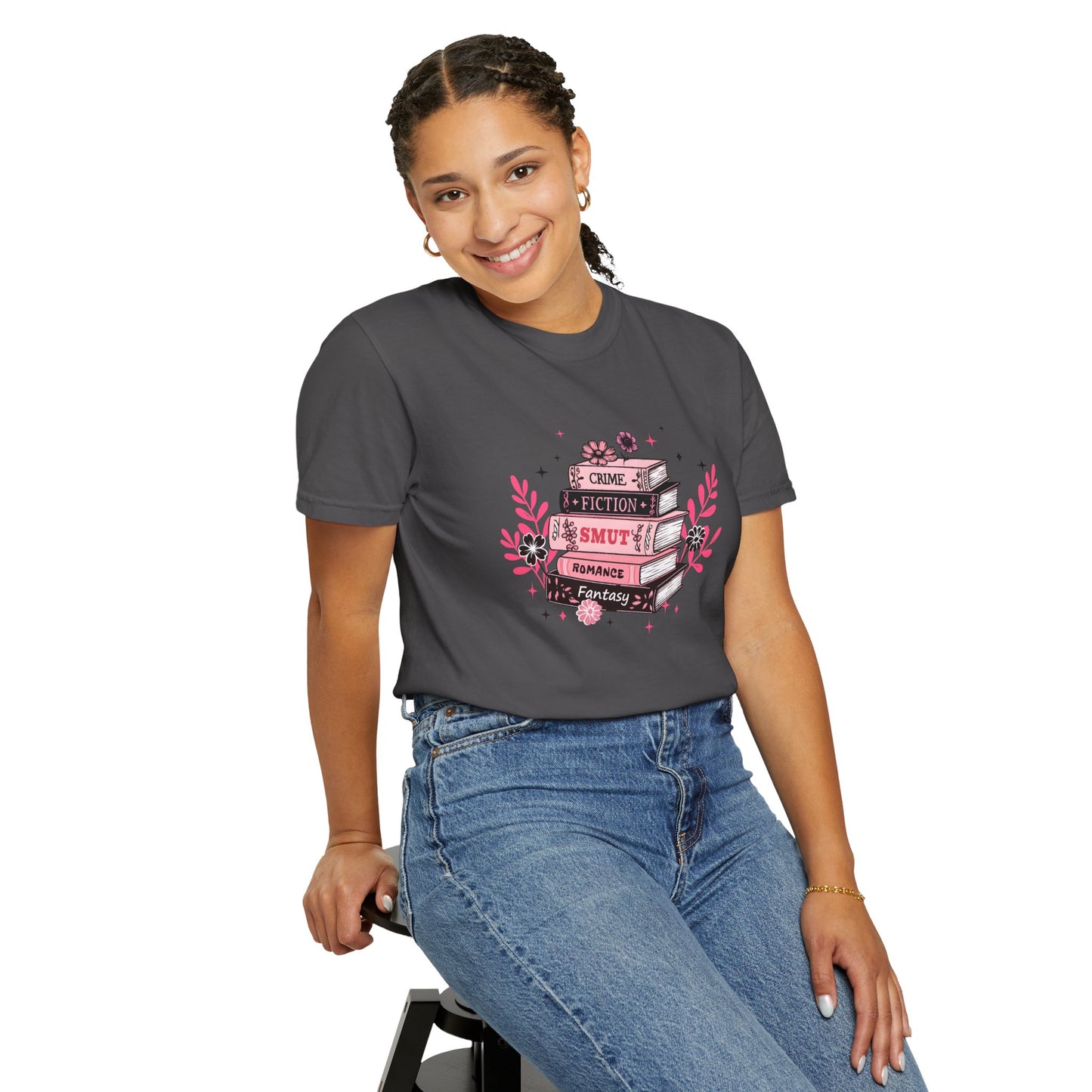 Book Stack Graphic T-Shirt — Cute Floral Reading Shirt (Crime, Fiction, Smut, Romance)