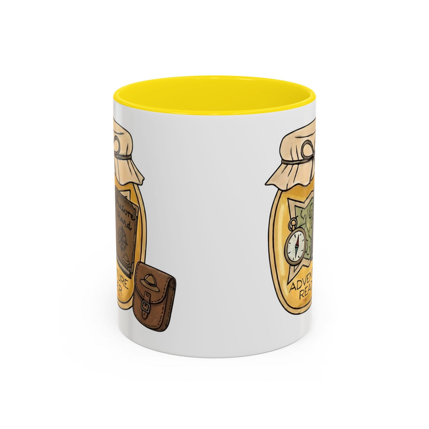 "Adventure Reader" Accent Coffee Mug — Bookish Travel Compass & Treasure Jam Jar Design