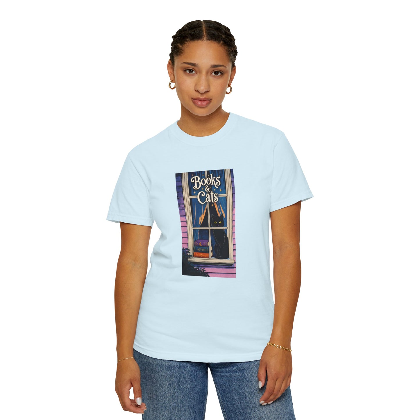 "Books & Cats" T-Shirt — Cozy Bookshop Window Graphic Tee