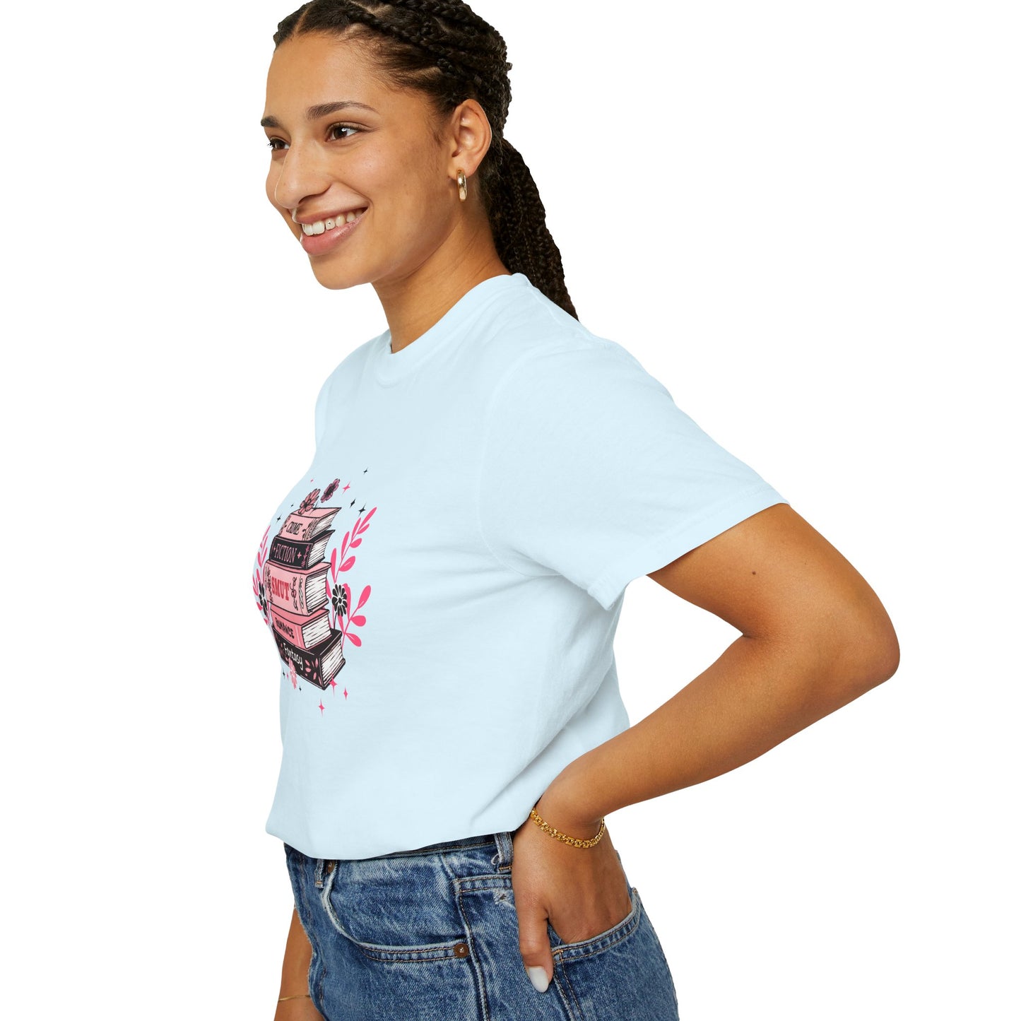 Book Stack Graphic T-Shirt — Cute Floral Reading Shirt (Crime, Fiction, Smut, Romance)
