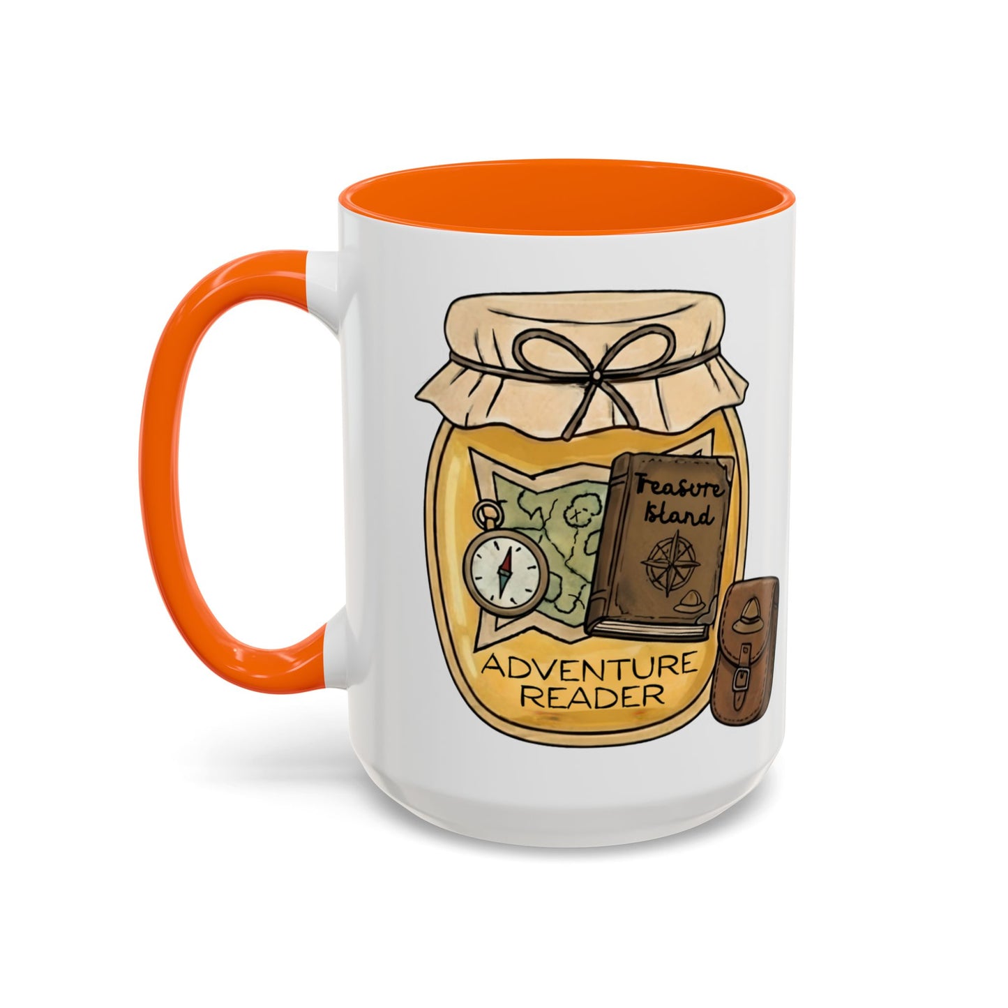 "Adventure Reader" Accent Coffee Mug — Bookish Travel Compass & Treasure Jam Jar Design