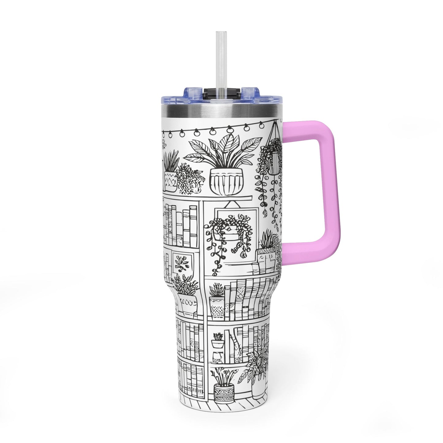 40oz Booklover Vacuum Tumbler – Illustrated Bookshelf Design