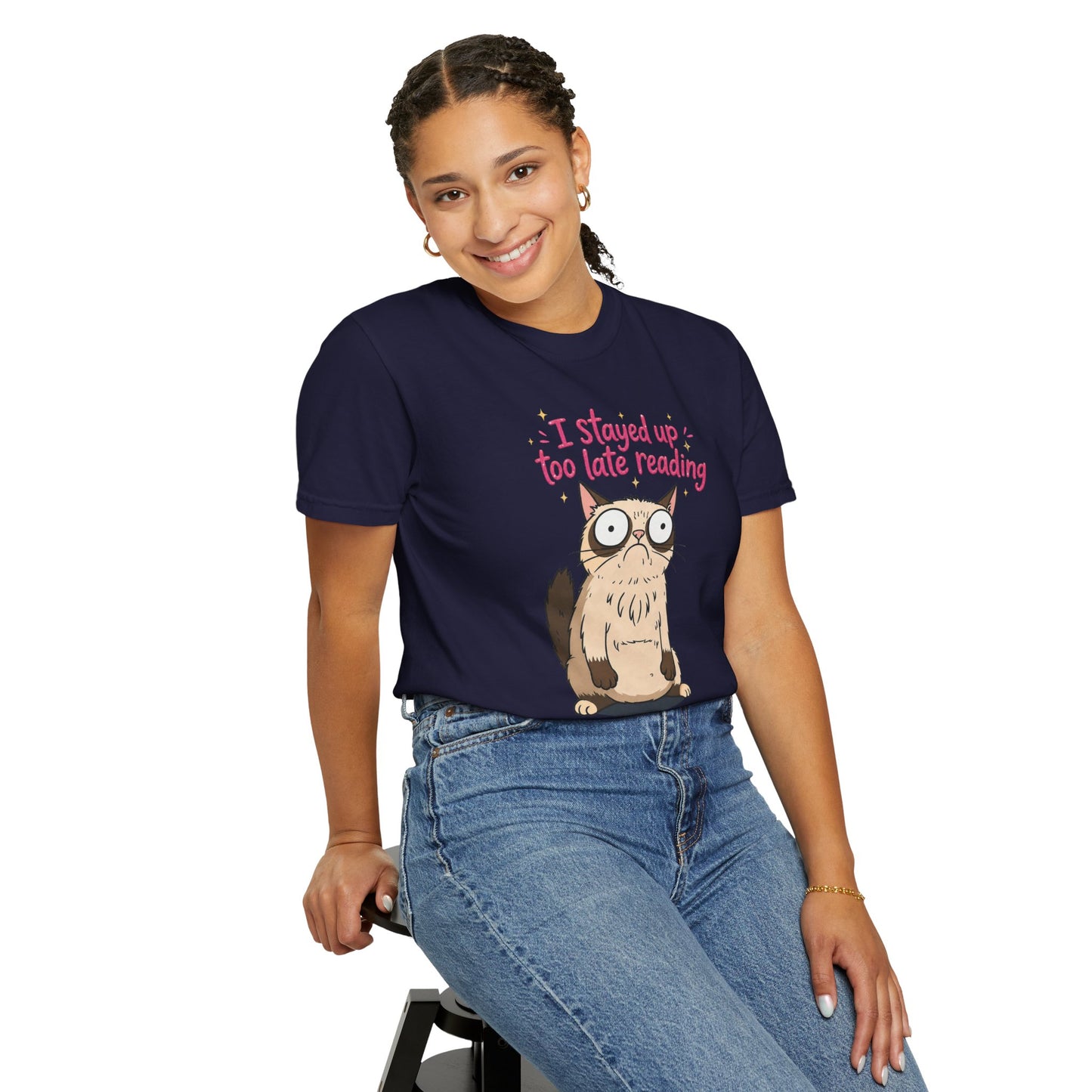 "I Stayed Up Too Late Reading" Cat T-Shirt — Cute Book Lover Graphic Tee