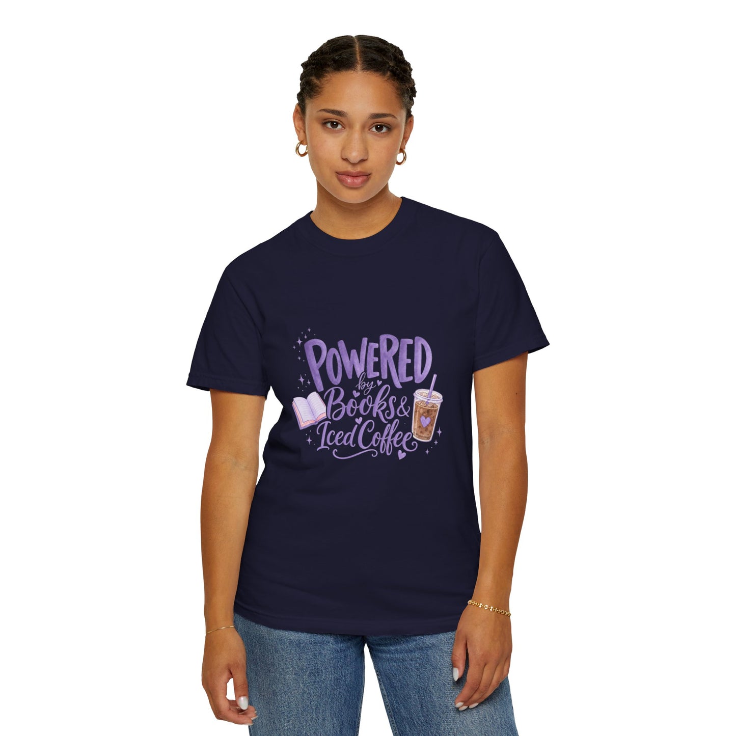 Book Lover T‑Shirt — "Powered by Books & Iced Coffee" Graphic Tee