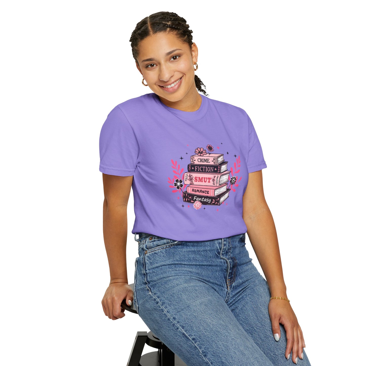 Book Stack Graphic T-Shirt — Cute Floral Reading Shirt (Crime, Fiction, Smut, Romance)