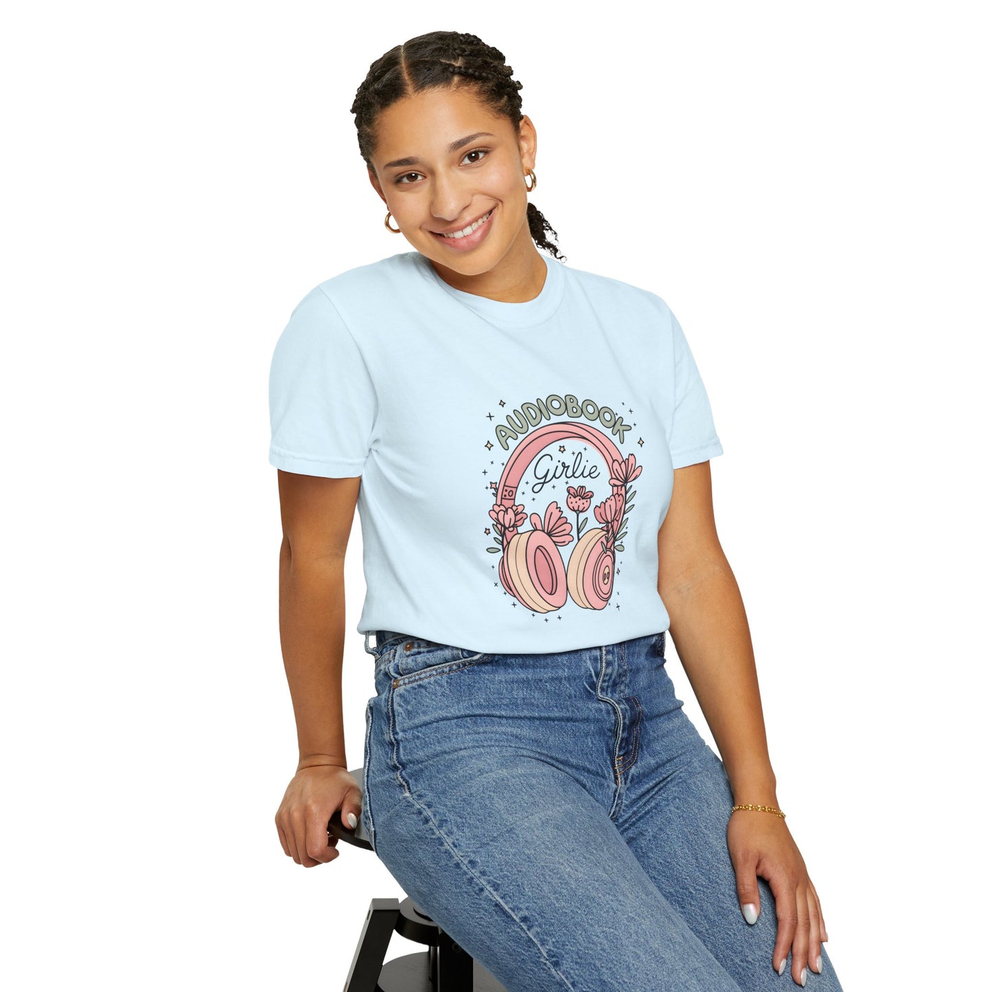 "Audiobook Girlie" T-Shirt — Floral Headphones Graphic Tee