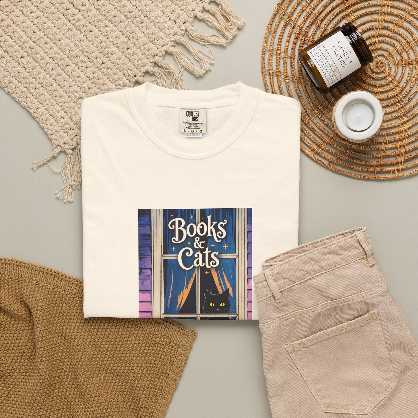 "Books & Cats" T-Shirt — Cozy Bookshop Window Graphic Tee