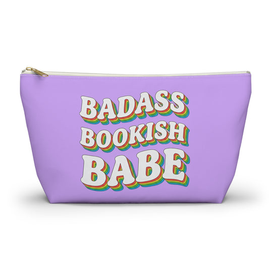 "Badass Bookish Babe" Accessory Pouch — Lavender T‑Bottom Makeup & Book Lover Organizer