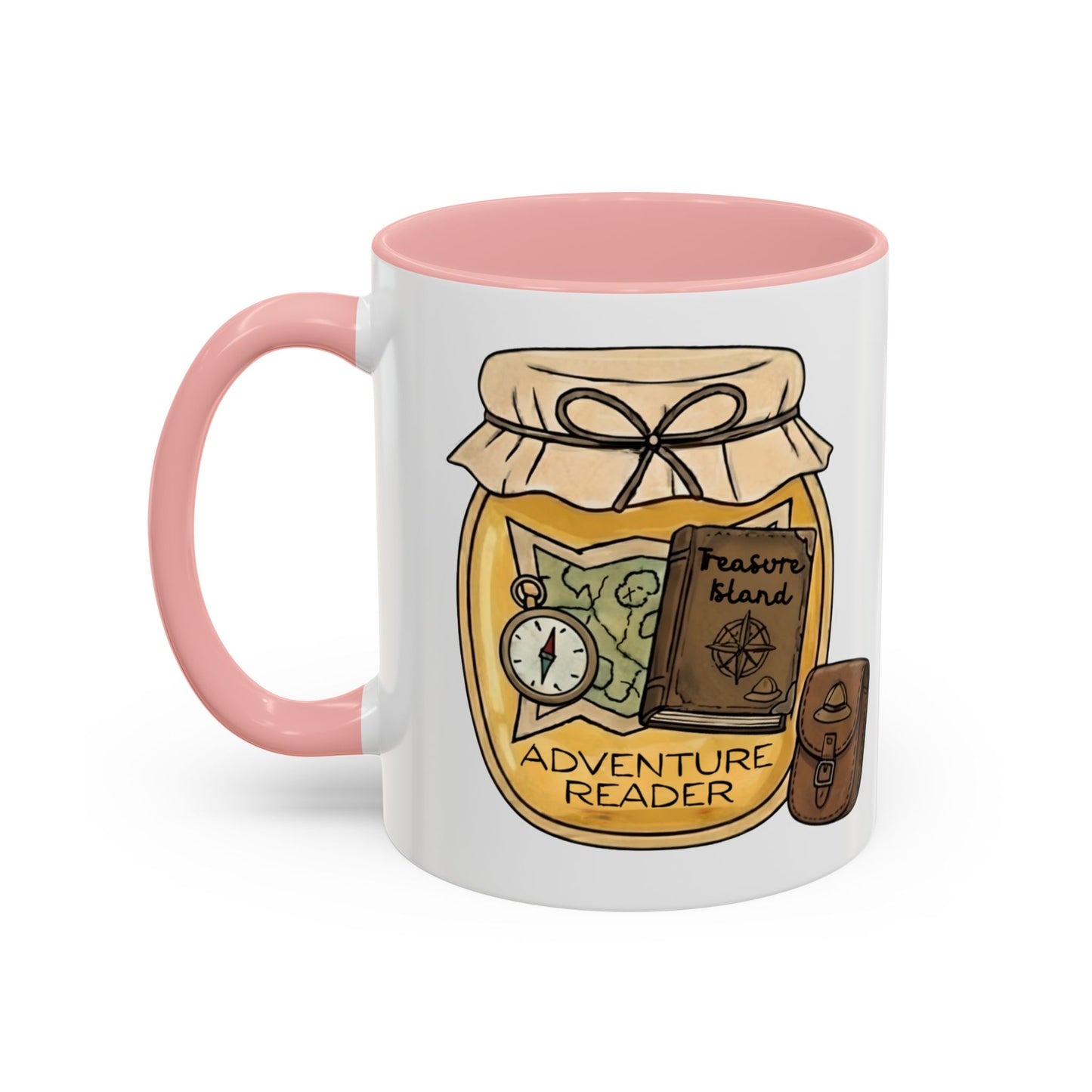 "Adventure Reader" Accent Coffee Mug — Bookish Travel Compass & Treasure Jam Jar Design