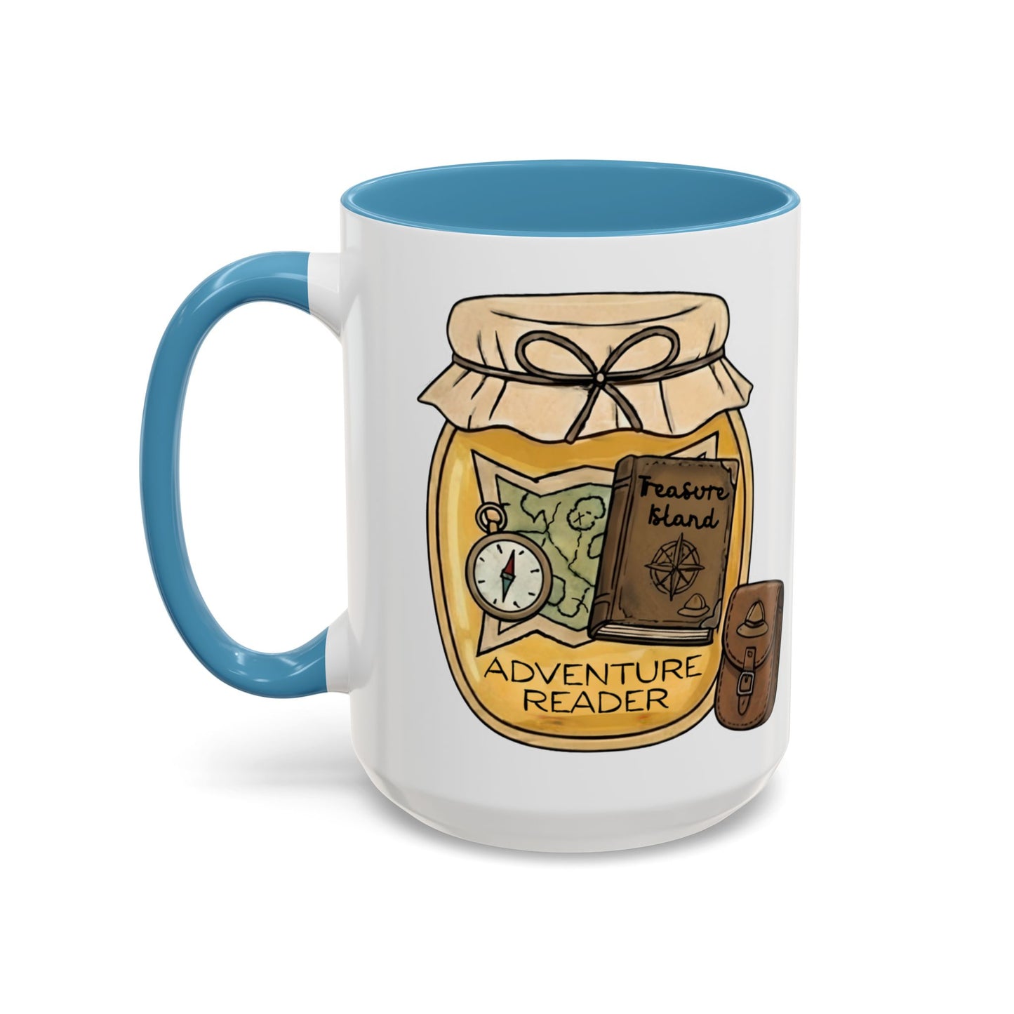 "Adventure Reader" Accent Coffee Mug — Bookish Travel Compass & Treasure Jam Jar Design