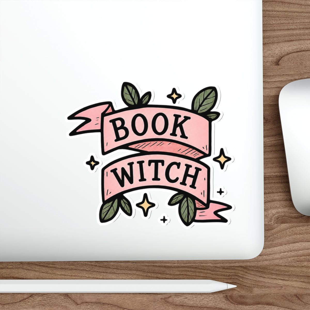 "Book Witch" Die-Cut Sticker — Cute Pink Banner, Floral Reading & Witchy Decal