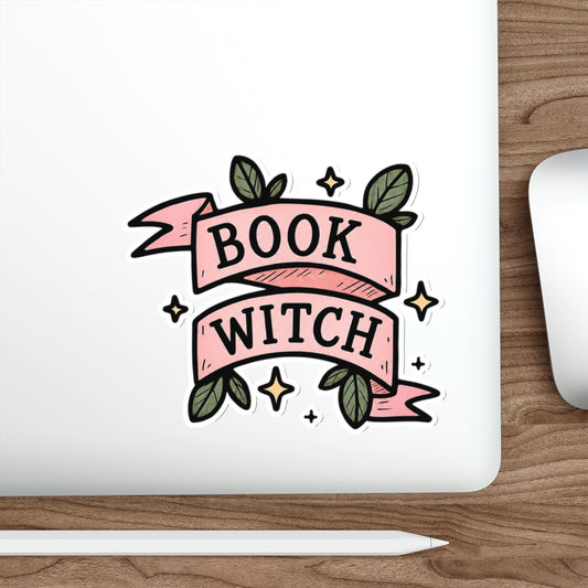 "Book Witch" Die-Cut Sticker — Cute Pink Banner, Floral Reading & Witchy Decal