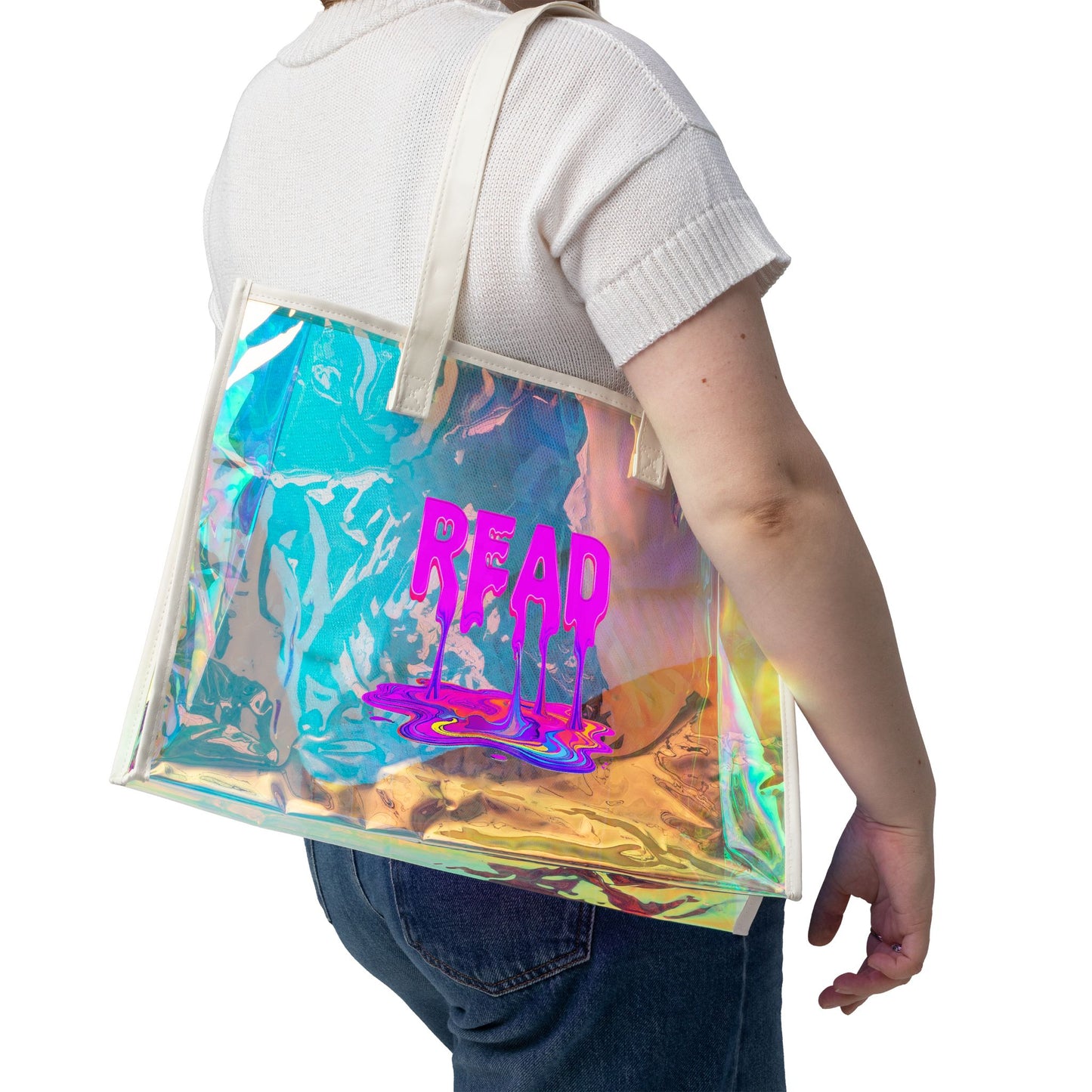 Holographic Bookish Beach Tote Bag — Iridescent 'READ' Clear Fashion Tote