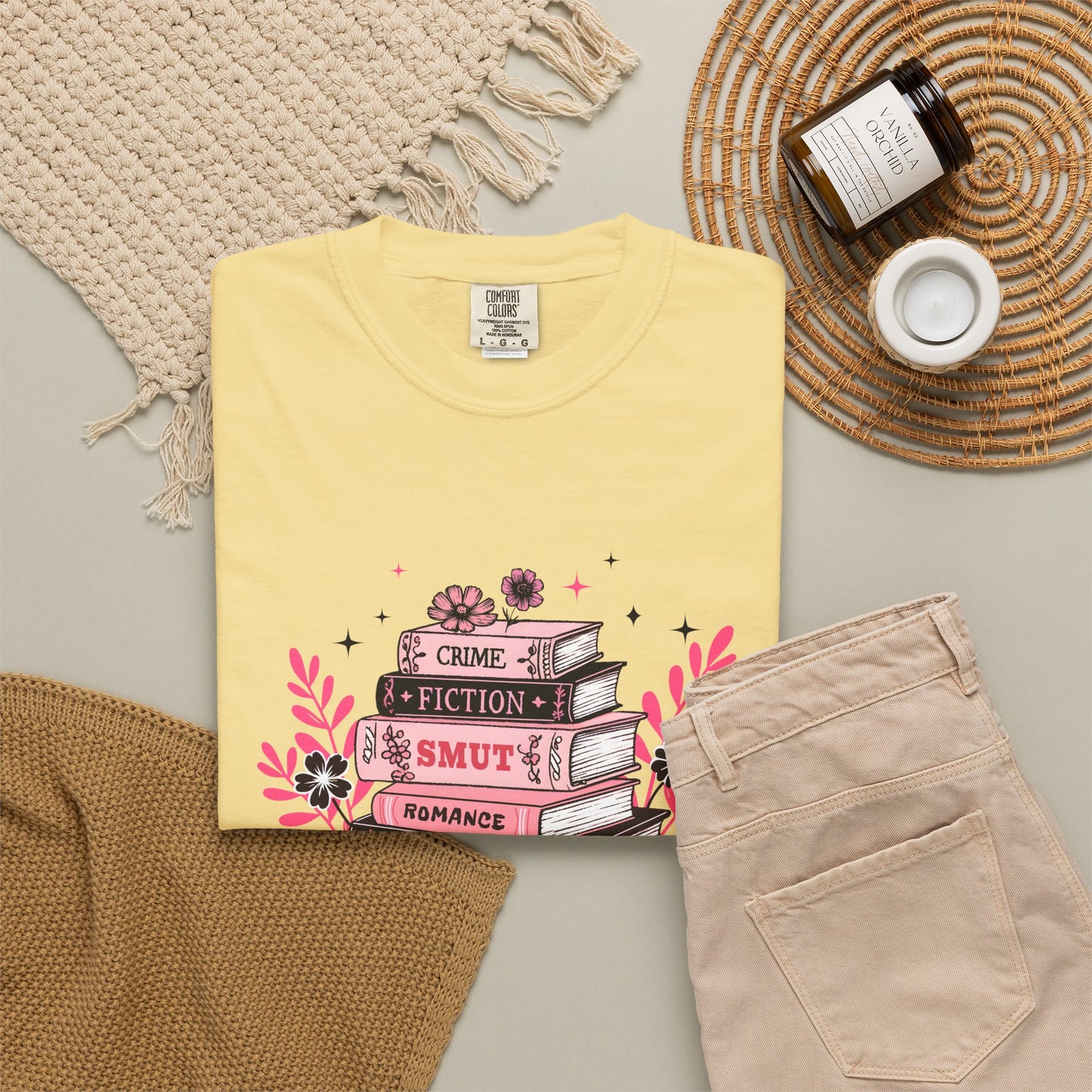 Book Stack Graphic T-Shirt — Cute Floral Reading Shirt (Crime, Fiction, Smut, Romance)