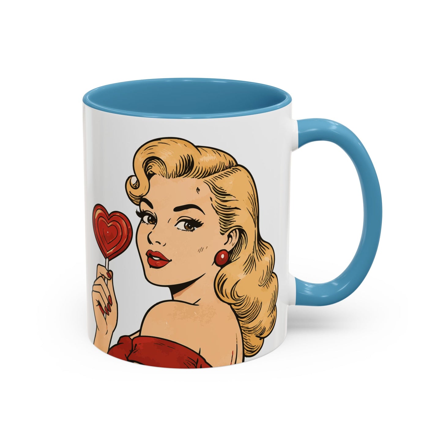 Retro Pin-Up Coffee Mug — Vintage Pop Art Woman with Heart Lollipop (11oz)