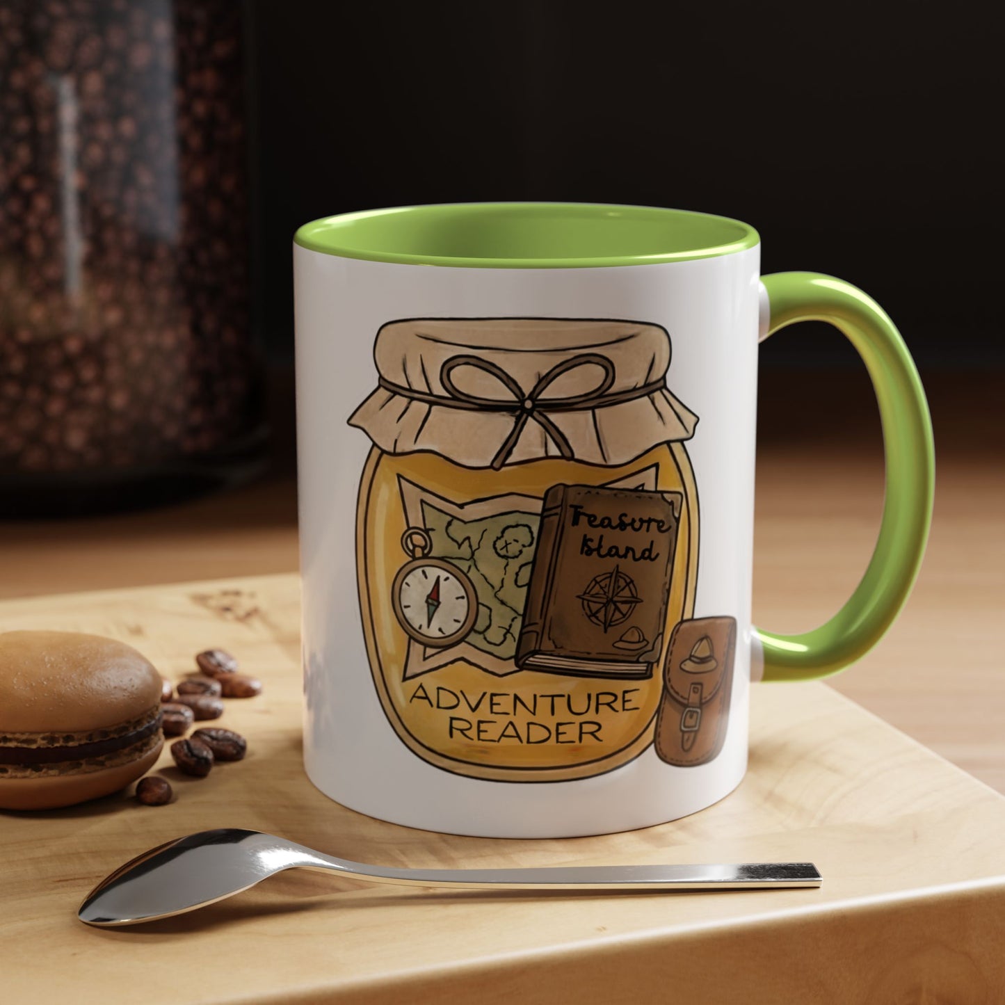 "Adventure Reader" Accent Coffee Mug — Bookish Travel Compass & Treasure Jam Jar Design