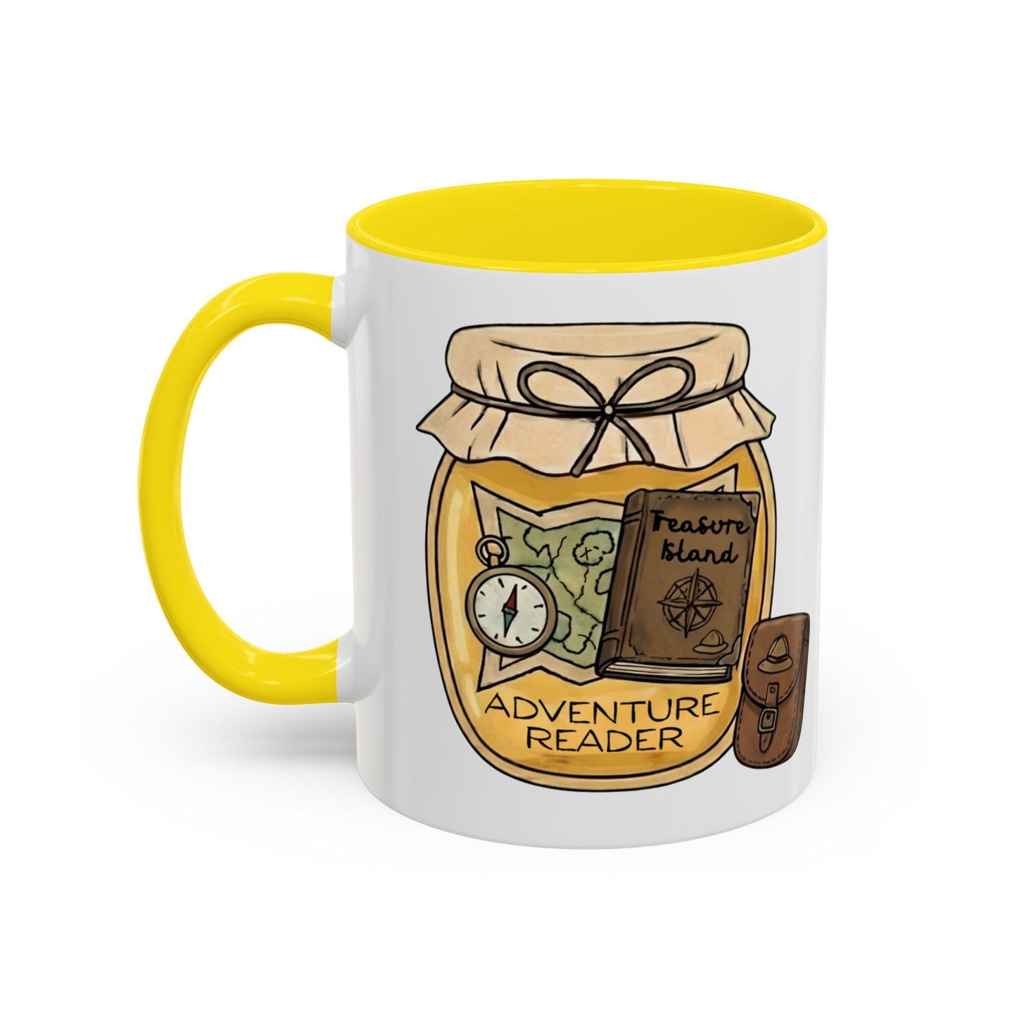 "Adventure Reader" Accent Coffee Mug — Bookish Travel Compass & Treasure Jam Jar Design