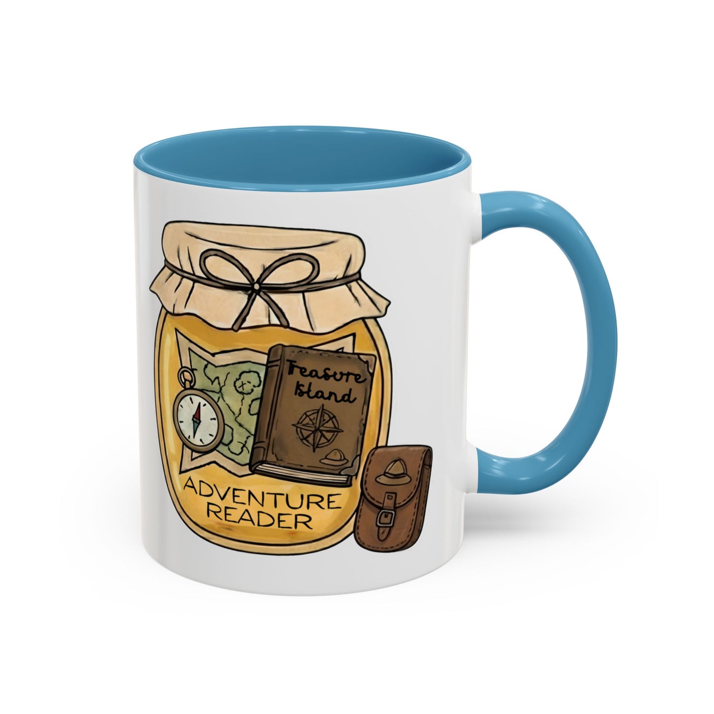 "Adventure Reader" Accent Coffee Mug — Bookish Travel Compass & Treasure Jam Jar Design