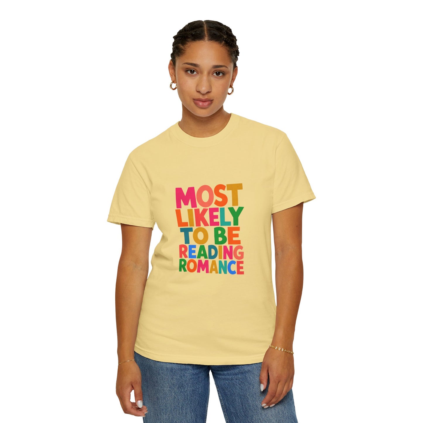 "Most Likely to Be Reading Romance" Colourful Book Lover Tee