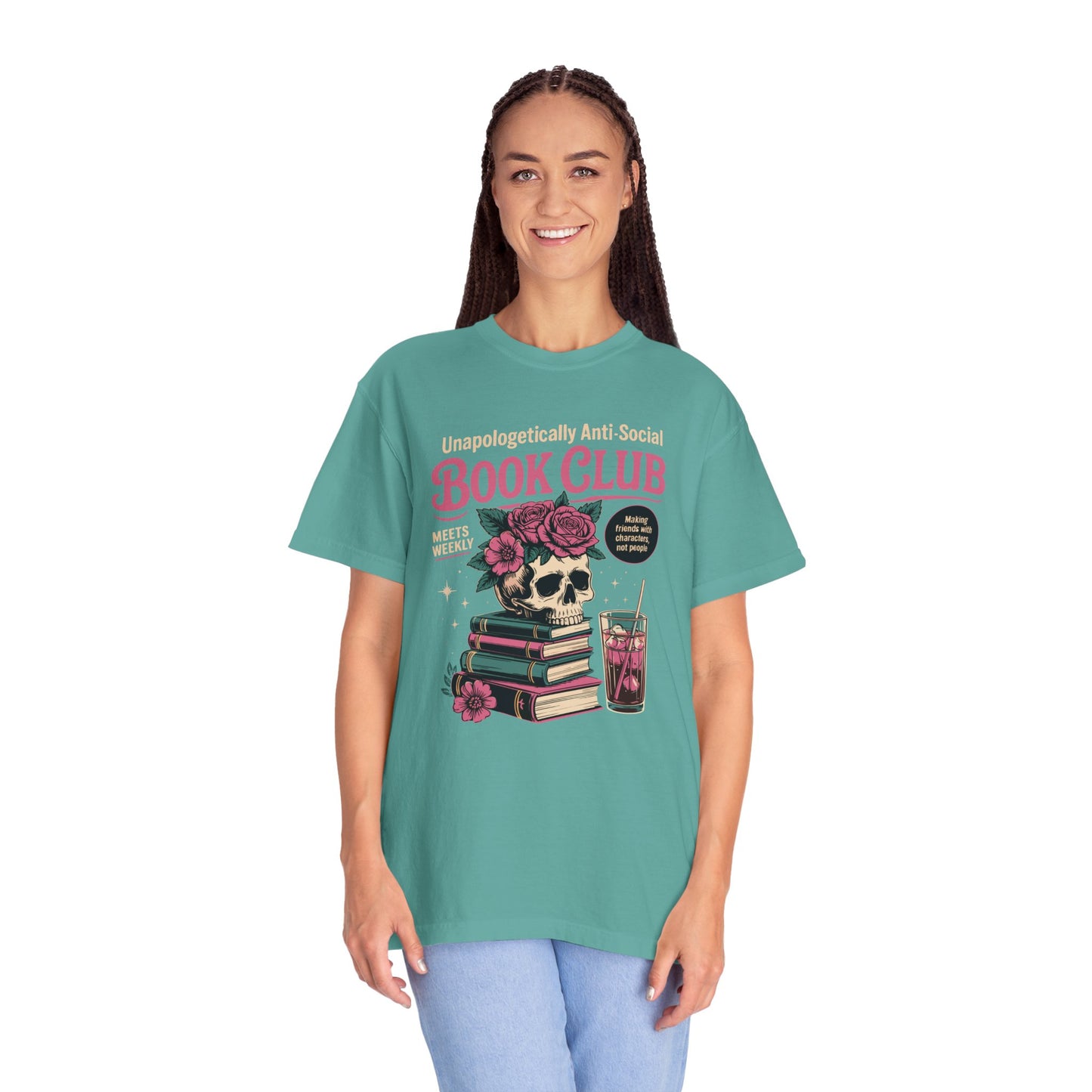 "Unapologetically Anti-Social Book Club" T-Shirt — Skull & Books Graphic Tee for Avid Readers