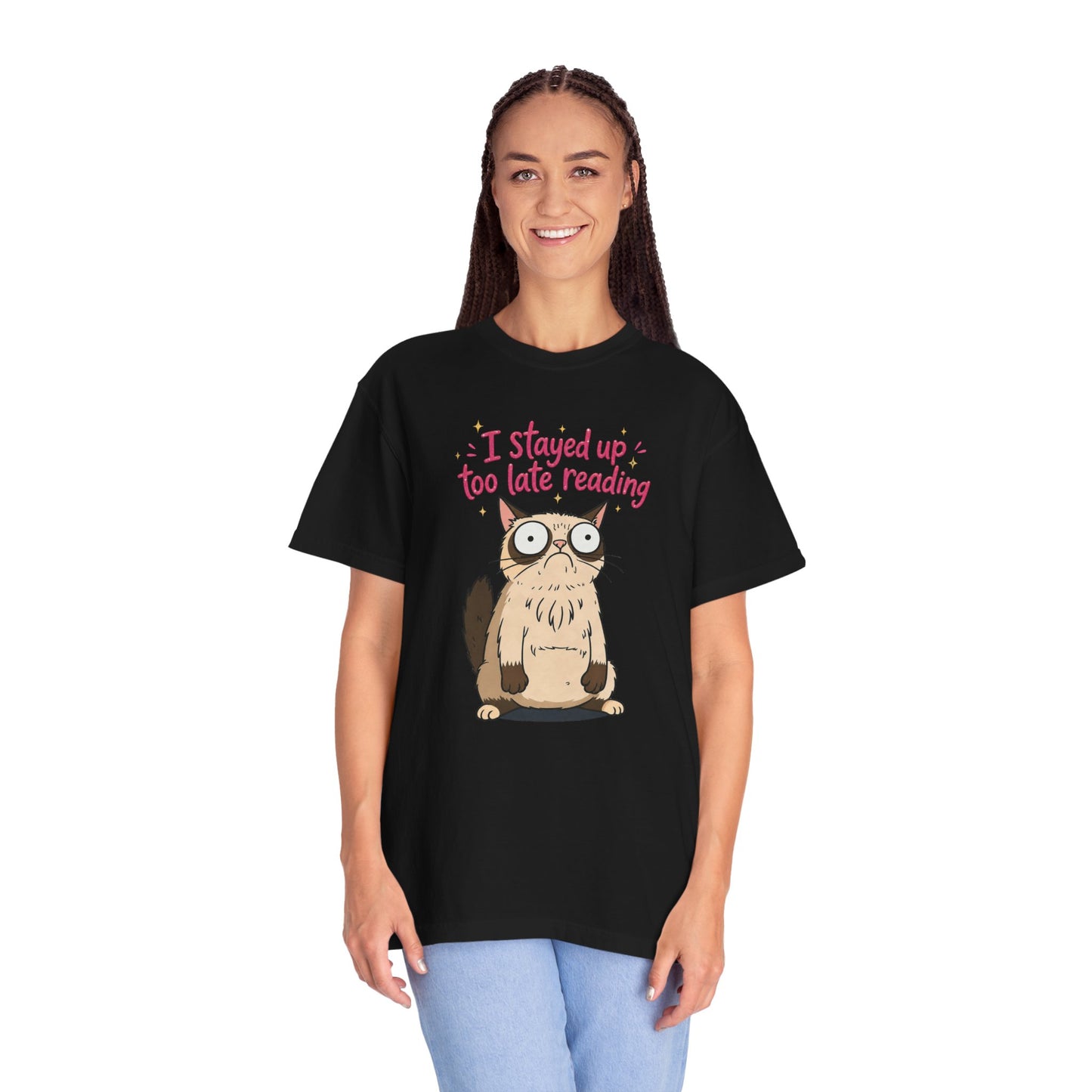 "I Stayed Up Too Late Reading" Cat T-Shirt — Cute Book Lover Graphic Tee