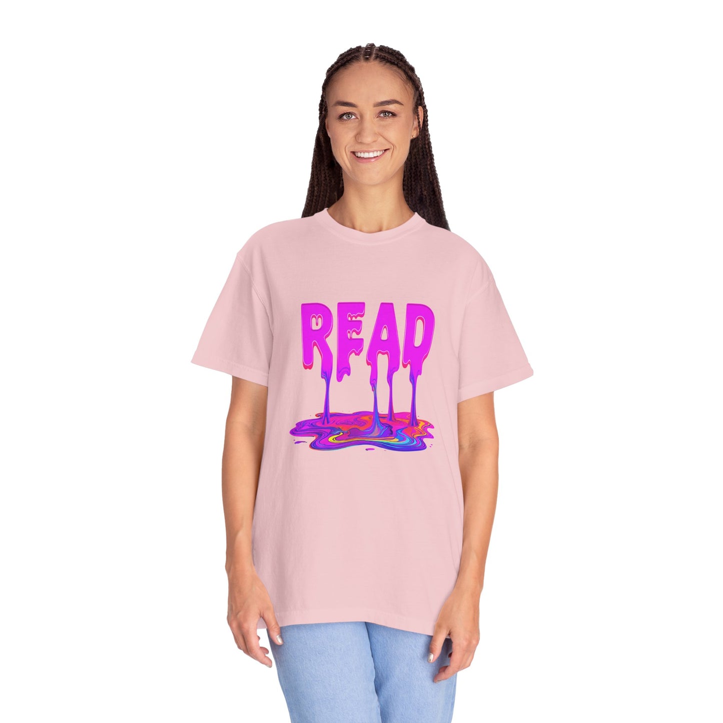 "READ" Dripping Graphic T-Shirt — Psychedelic Melting Book Design