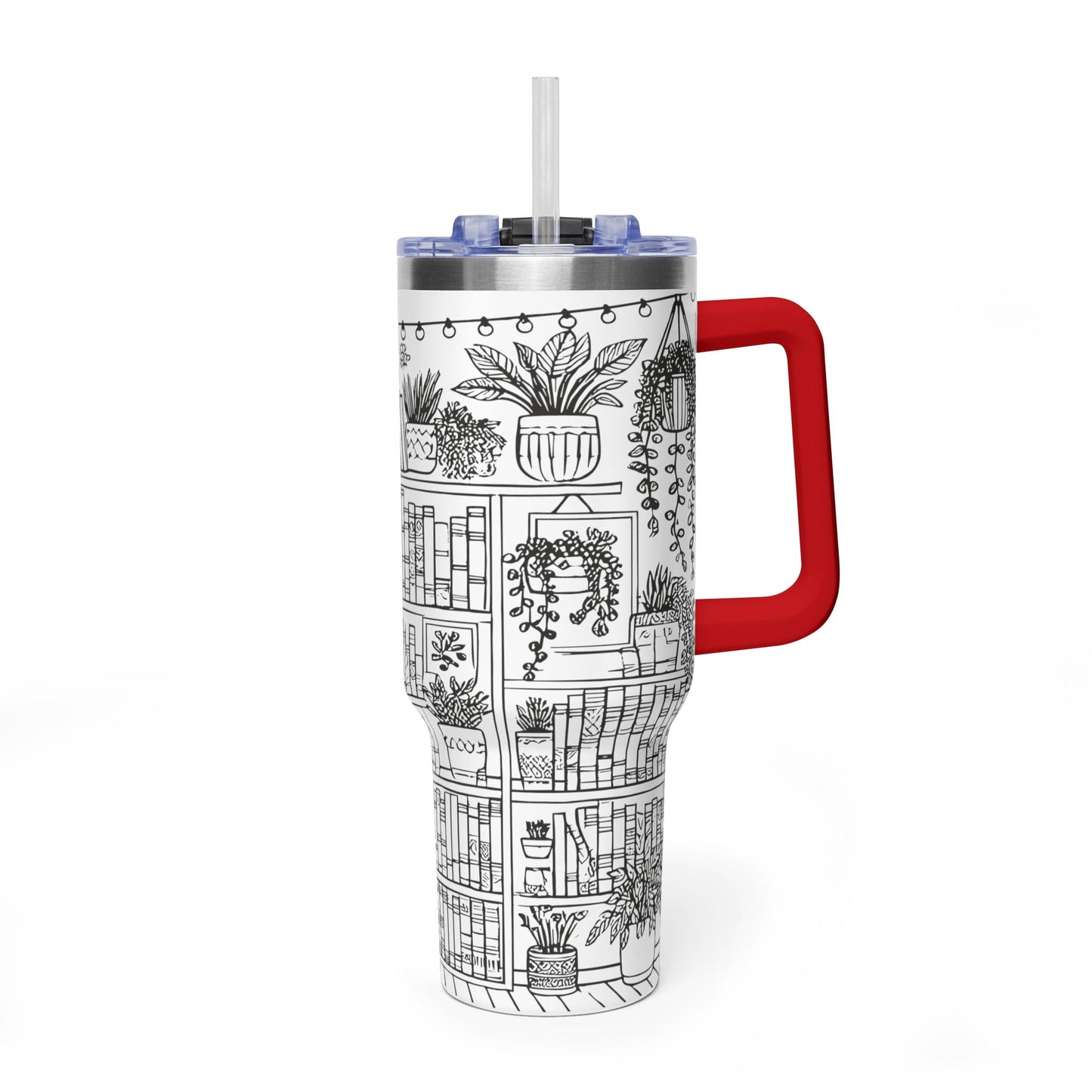 40oz Booklover Vacuum Tumbler – Illustrated Bookshelf Design