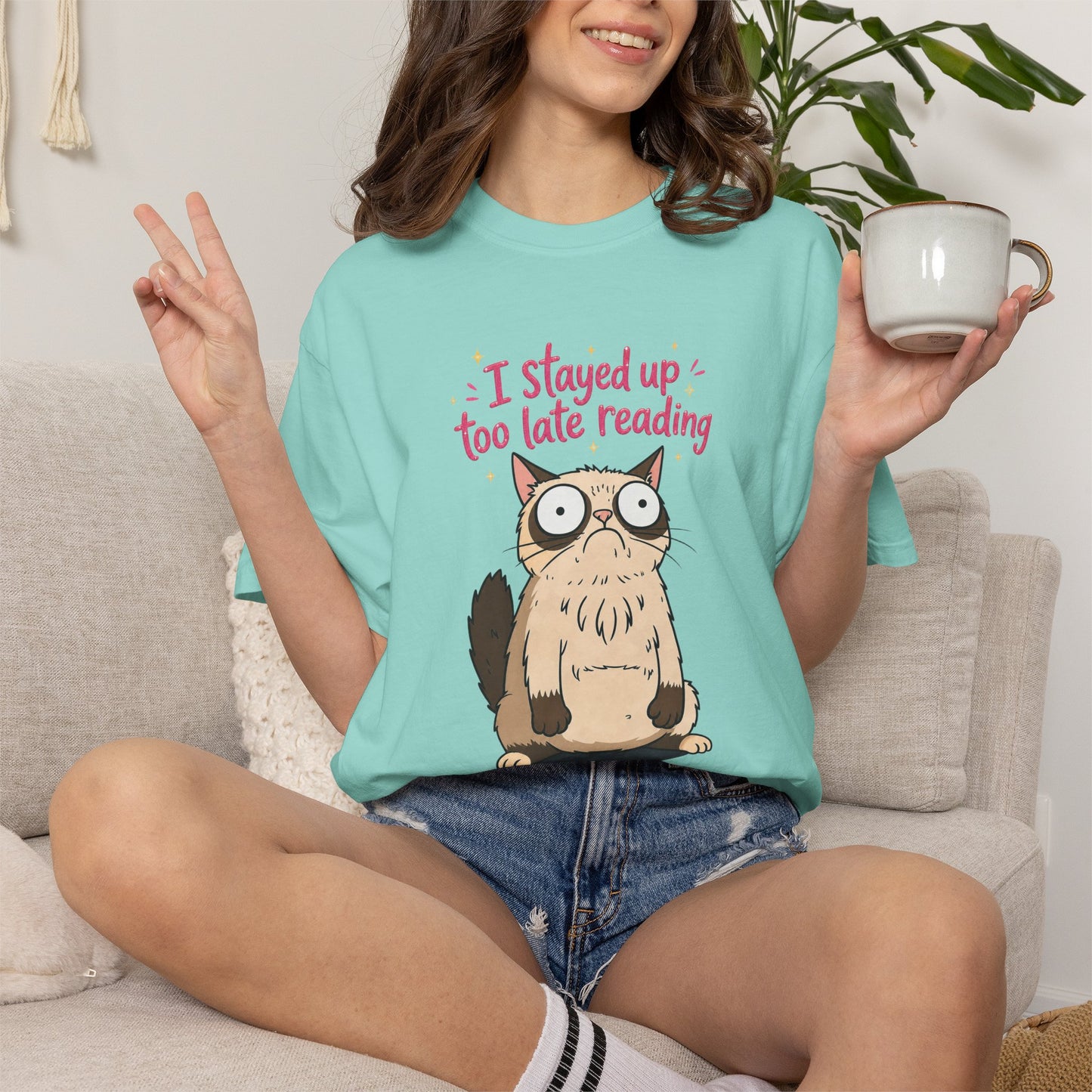 "I Stayed Up Too Late Reading" Cat T-Shirt — Cute Book Lover Graphic Tee