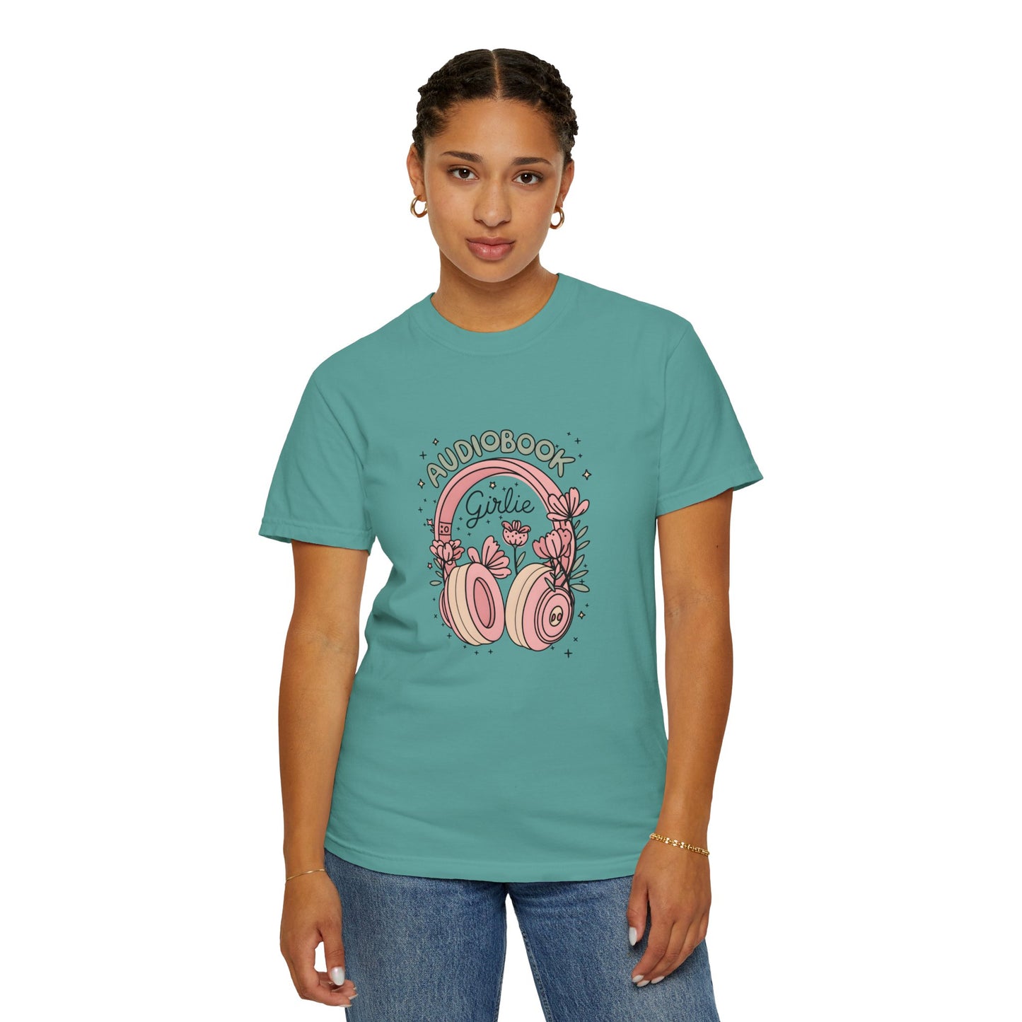 "Audiobook Girlie" T-Shirt — Floral Headphones Graphic Tee