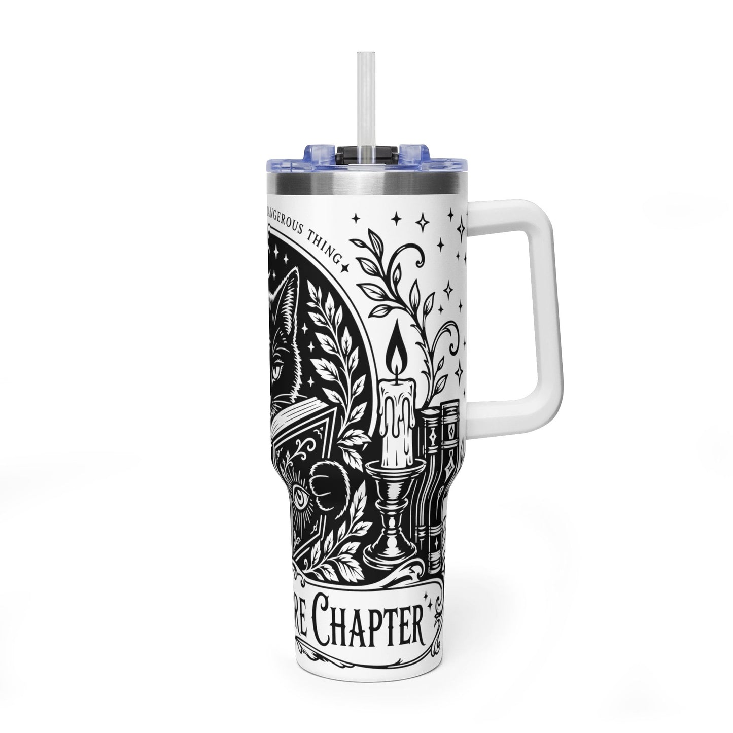 40oz Vacuum Tumbler — Black Cat "Just One More Chapter" Bookish Travel Mug