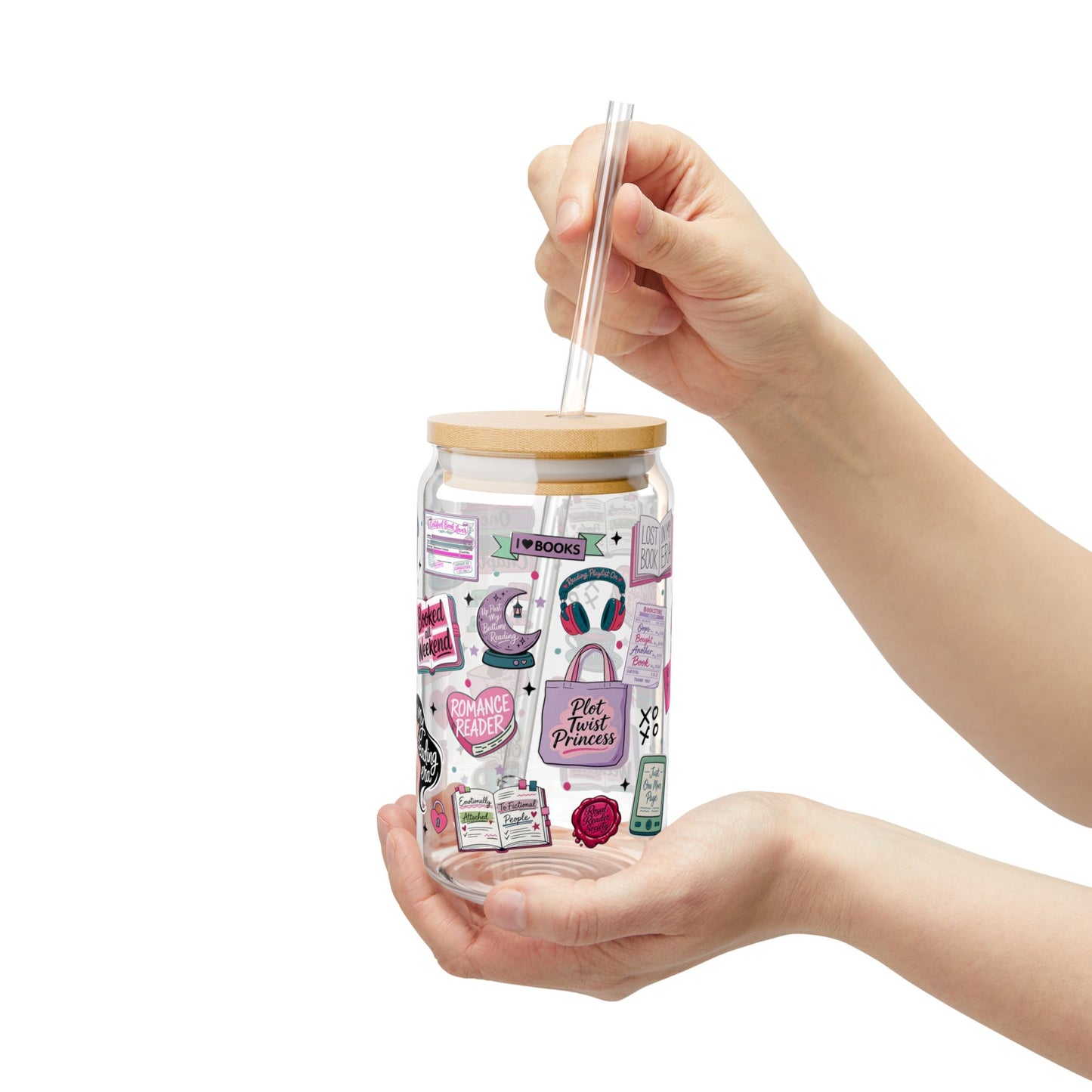 Romance Reader 16oz Sipper Glass with Retro Pink Sticker Collage