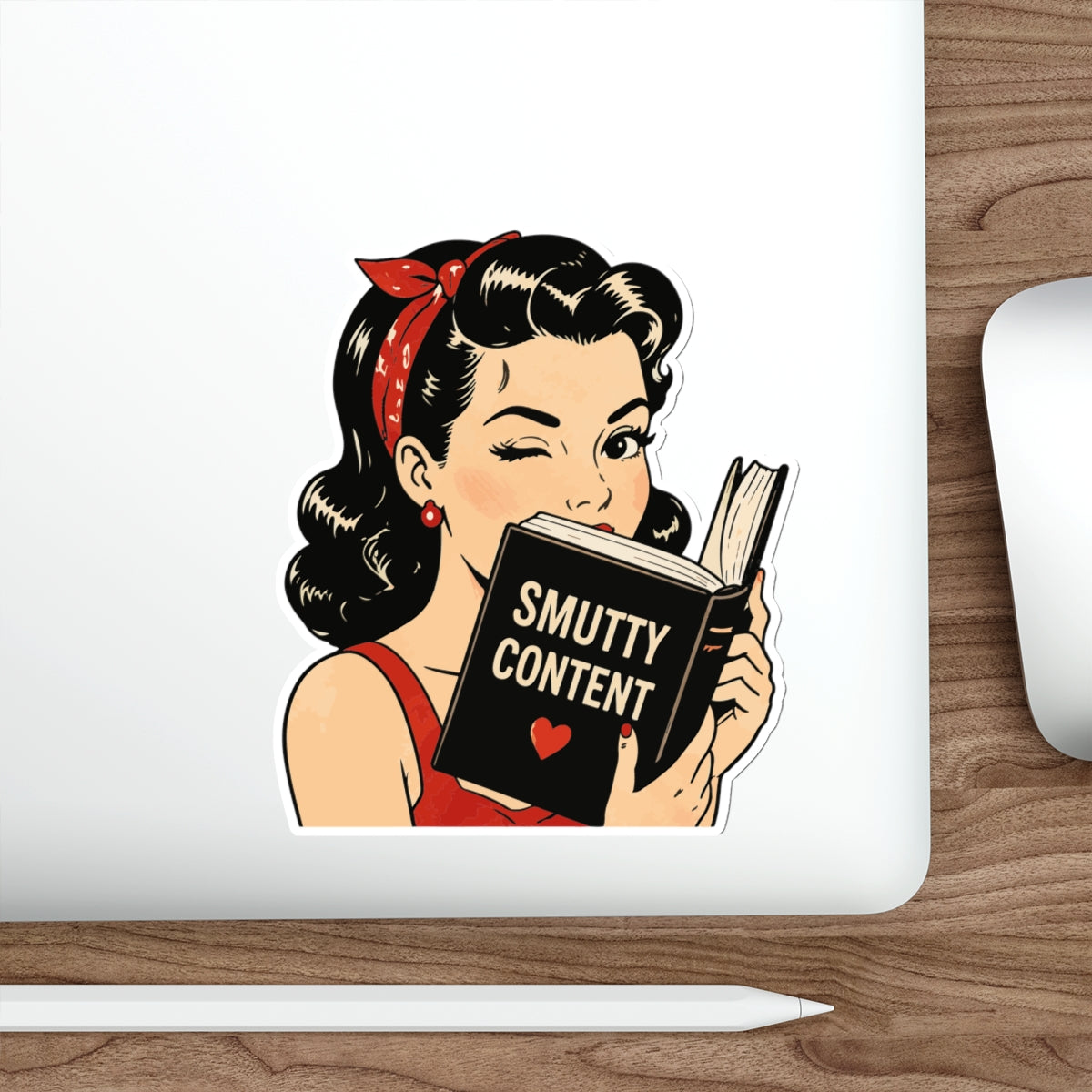 Die-Cut Sticker — Retro Pin-up Girl Reading “Smutty Content” (Vintage Sassy Booksticker)