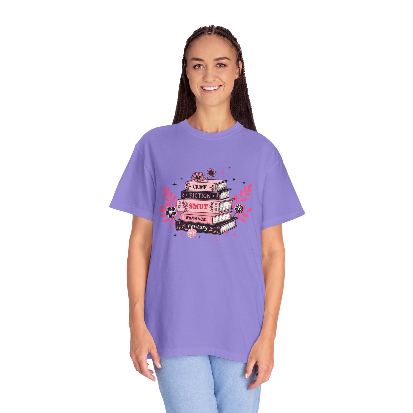 Book Stack Graphic T-Shirt — Cute Floral Reading Shirt (Crime, Fiction, Smut, Romance)