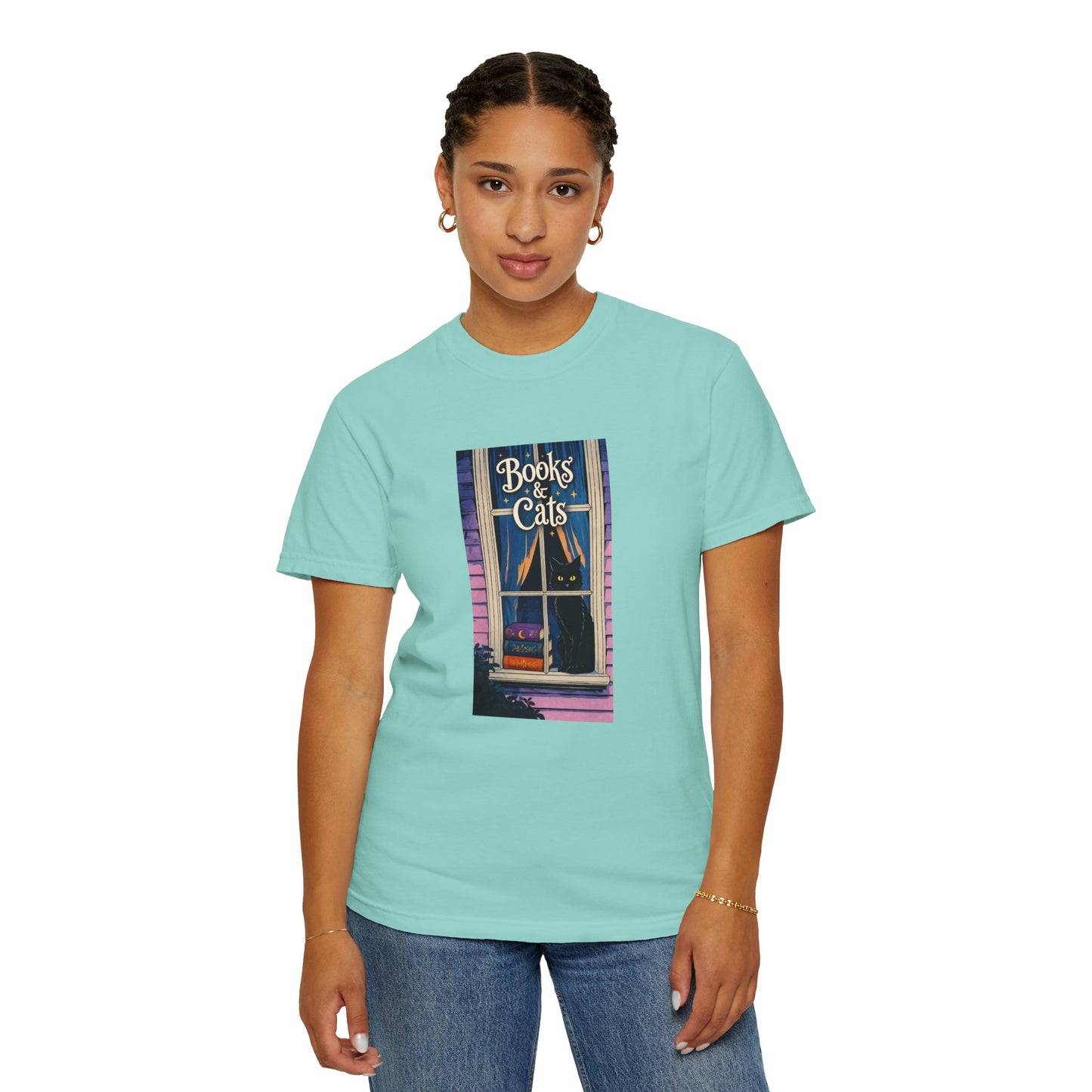 "Books & Cats" T-Shirt — Cozy Bookshop Window Graphic Tee