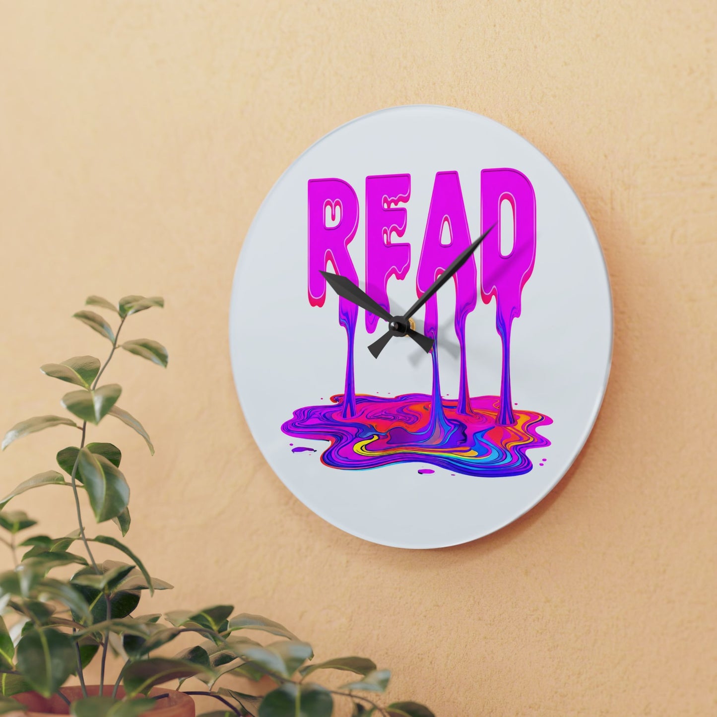 Acrylic Wall Clock — "READ" Drippy Neon Melt Art Clock for Book Lovers