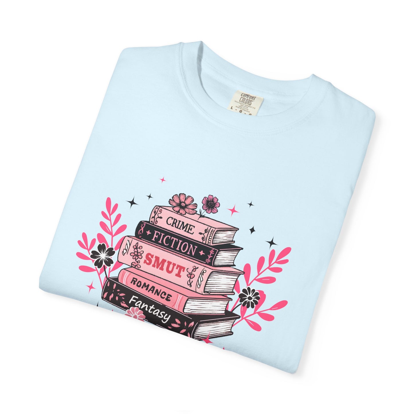 Book Stack Graphic T-Shirt — Cute Floral Reading Shirt (Crime, Fiction, Smut, Romance)
