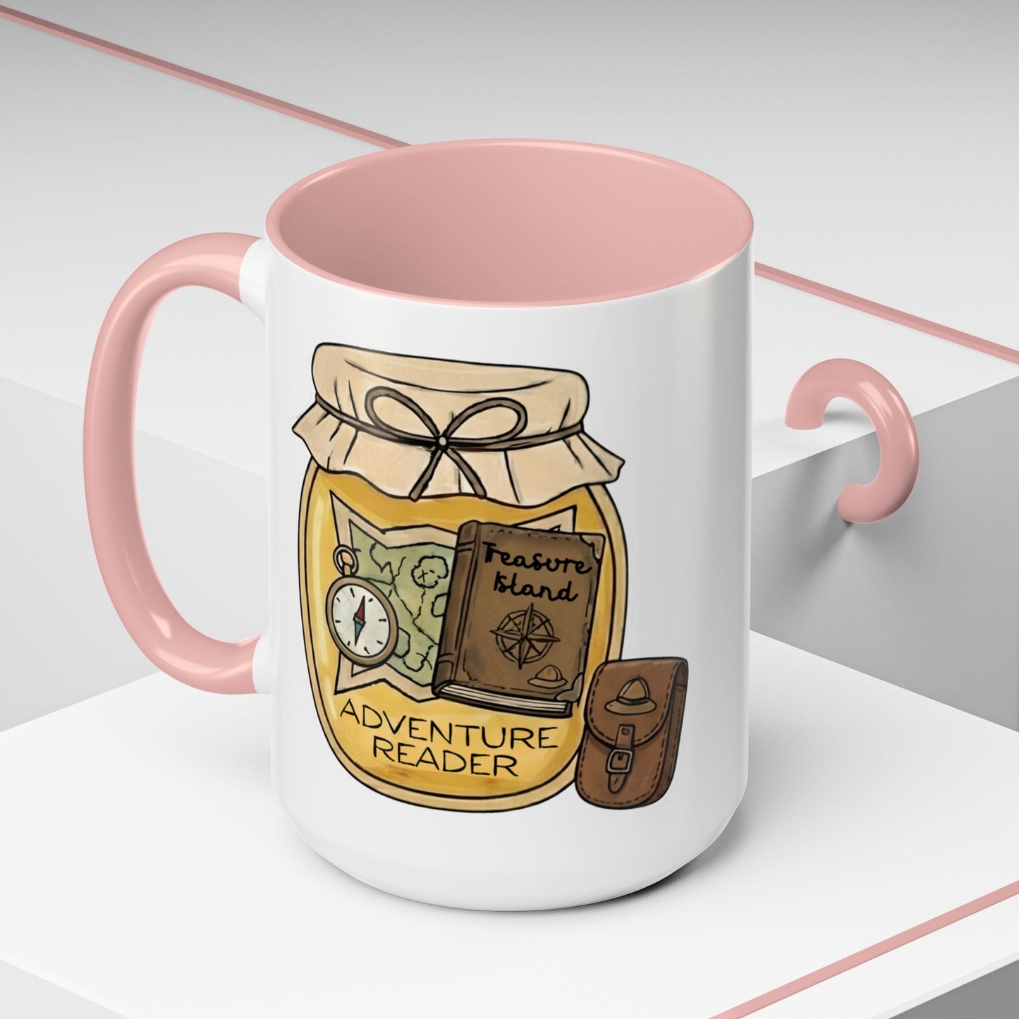 "Adventure Reader" Accent Coffee Mug — Bookish Travel Compass & Treasure Jam Jar Design