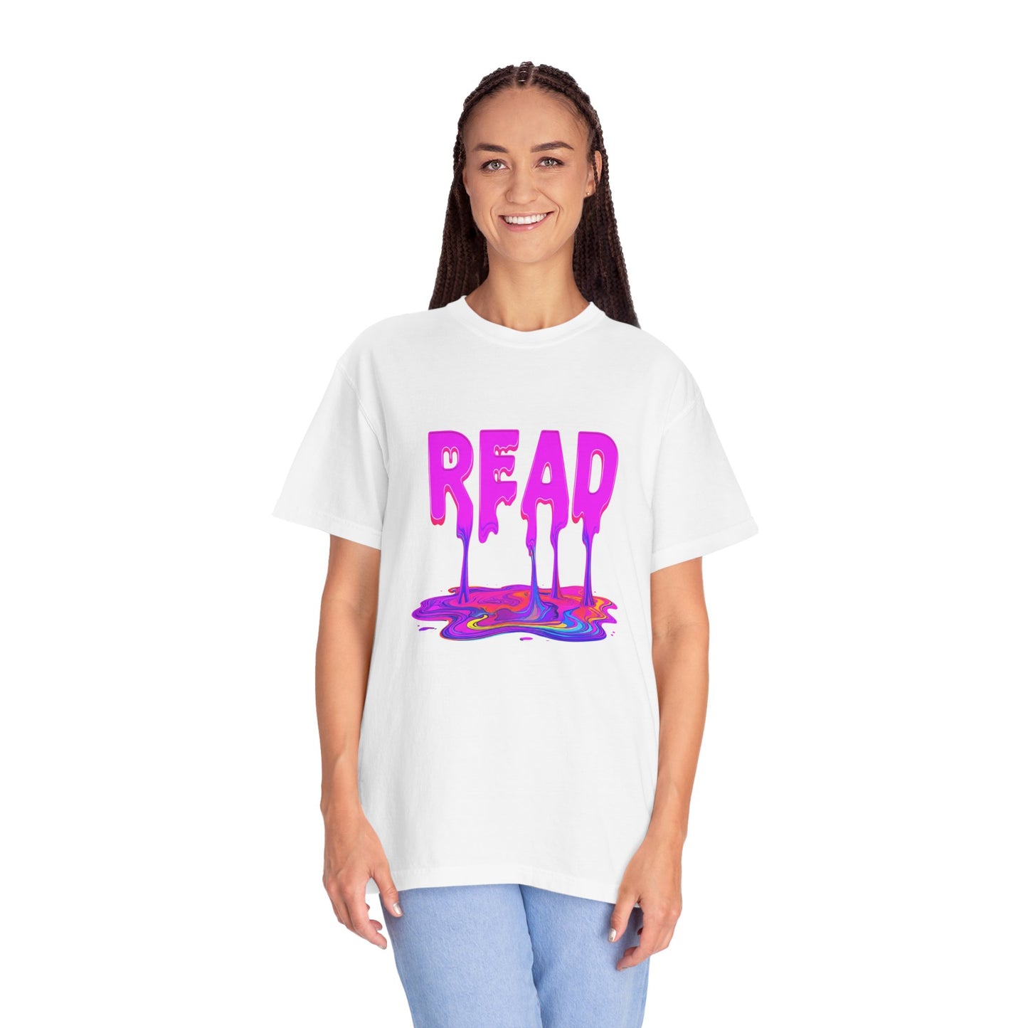 "READ" Dripping Graphic T-Shirt — Psychedelic Melting Book Design