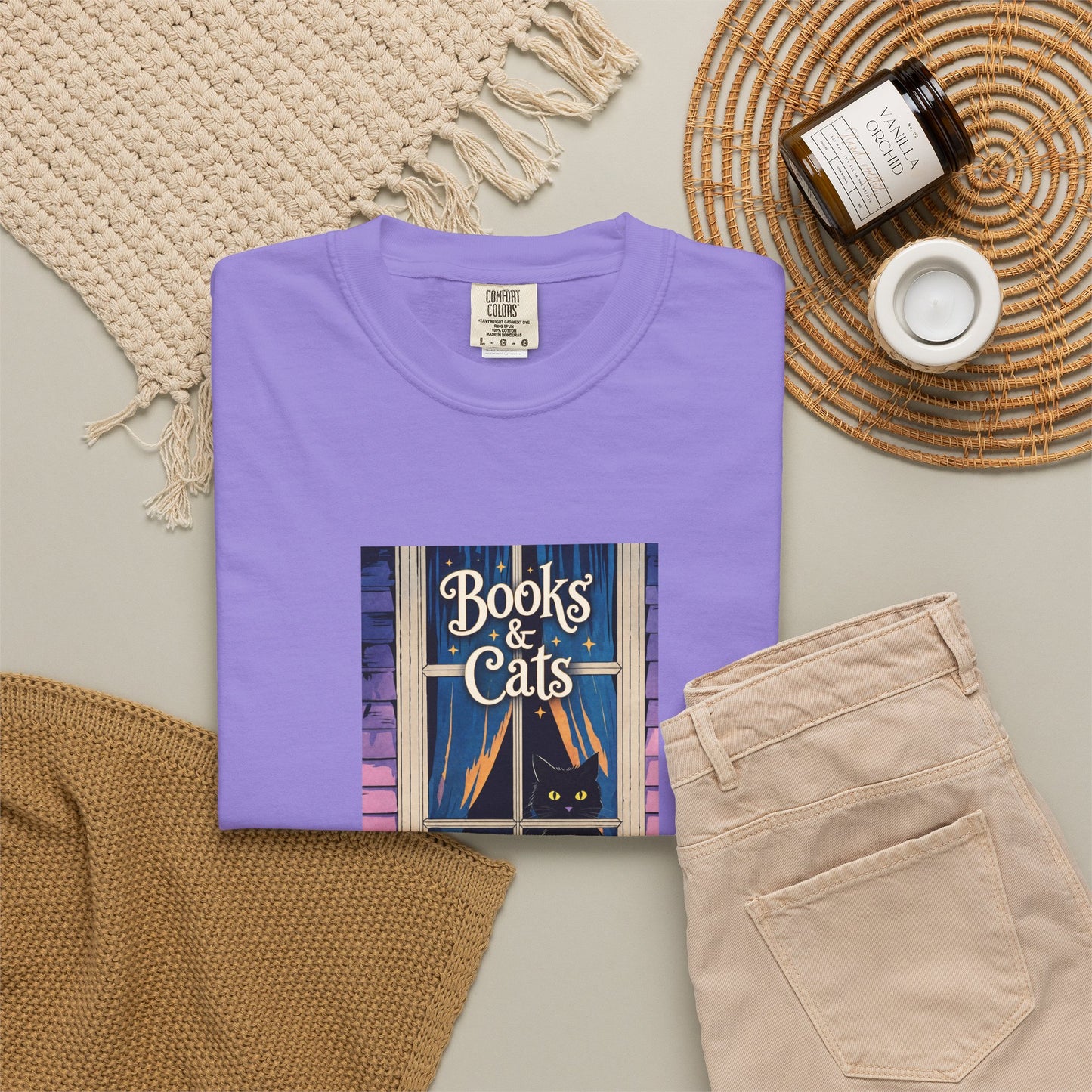 "Books & Cats" T-Shirt — Cozy Bookshop Window Graphic Tee