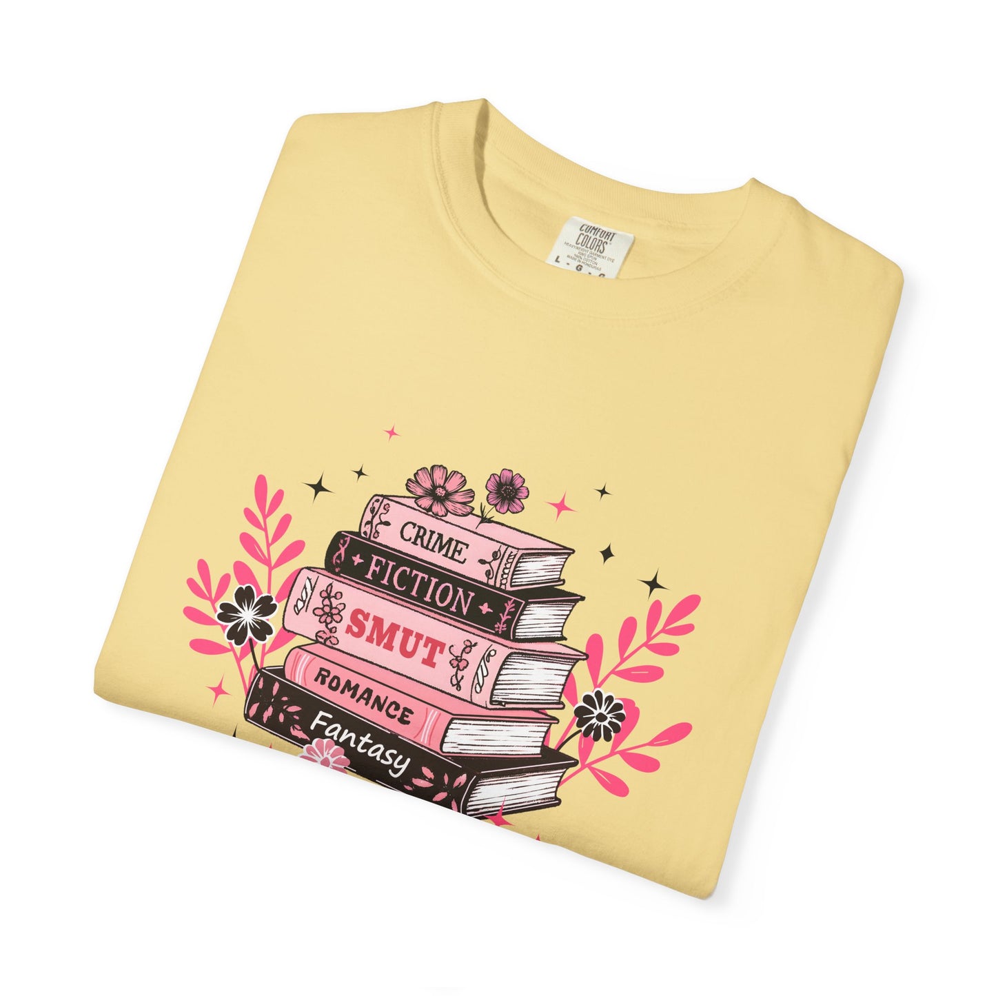 Book Stack Graphic T-Shirt — Cute Floral Reading Shirt (Crime, Fiction, Smut, Romance)